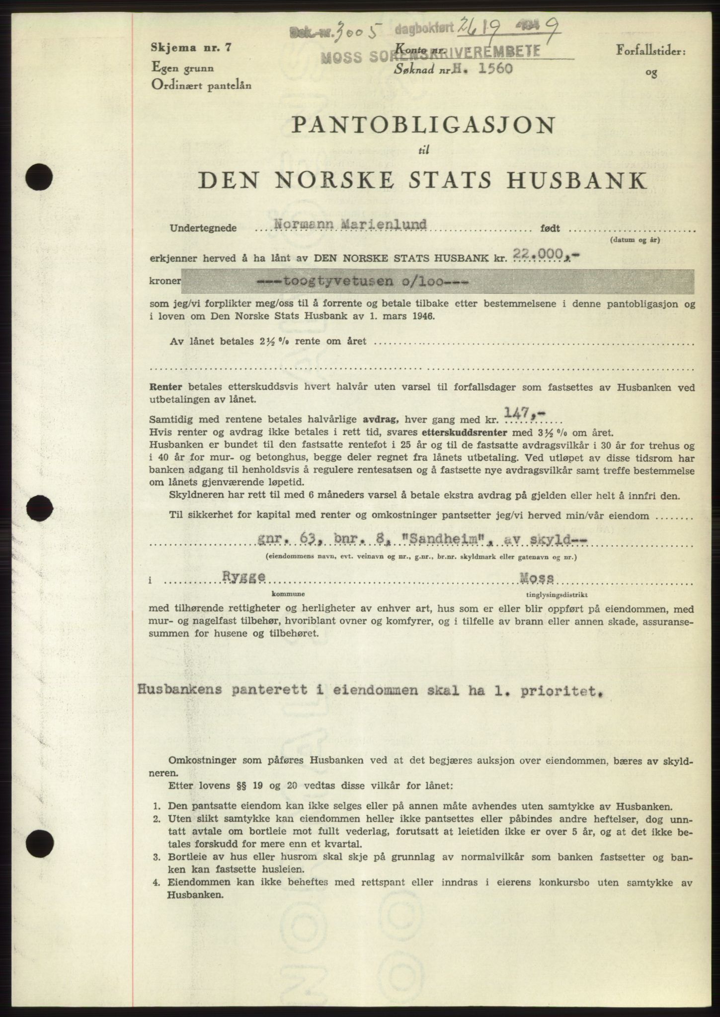 Moss sorenskriveri, SAO/A-10168: Pantebok nr. B22, 1949-1949, Dagboknr: 3005/1949