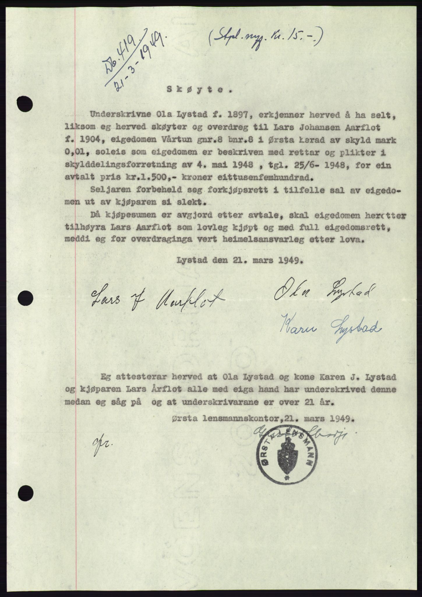 Søre Sunnmøre sorenskriveri, SAT/A-4122/1/2/2C/L0084: Pantebok nr. 10A, 1949-1949, Dagboknr: 419/1949