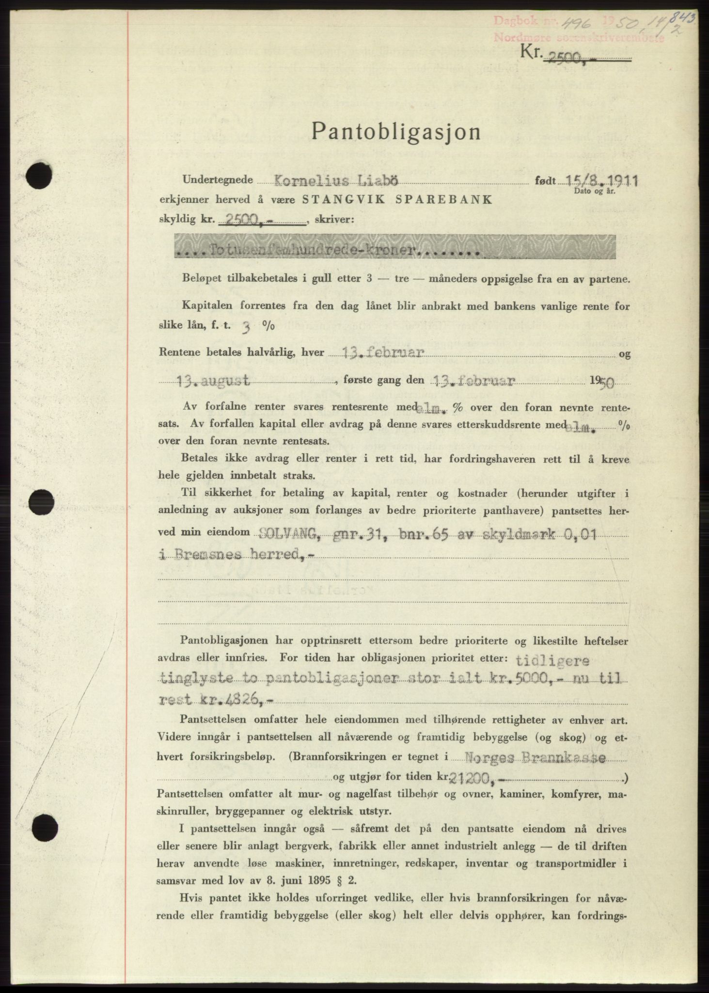 Nordmøre sorenskriveri, SAT/A-4132/1/2/2Ca: Pantebok nr. B103, 1949-1950, Dagboknr: 496/1950