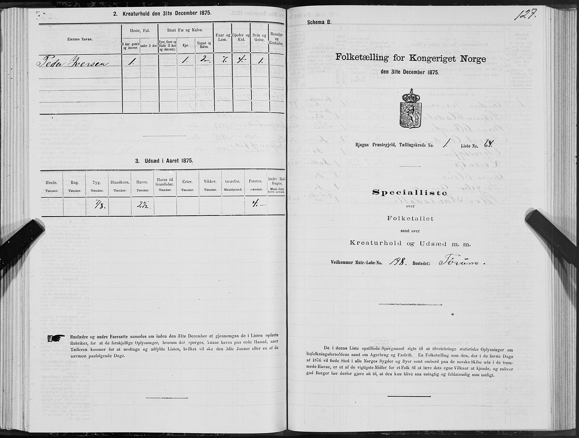 SAT, Folketelling 1875 for 1627P Bjugn prestegjeld, 1875, s. 1127