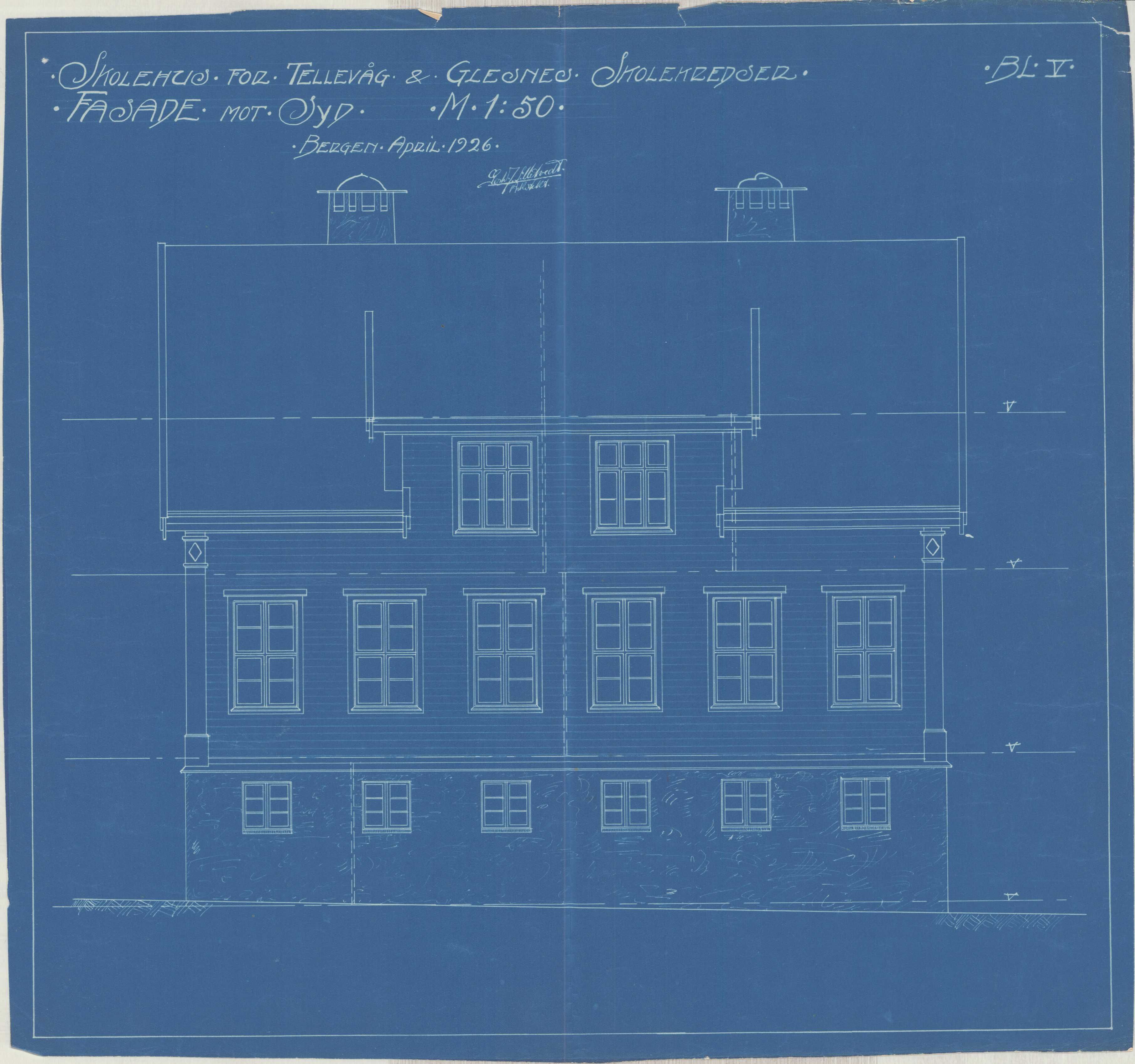 Sund kommune. Formannskapet, IKAH/1245-021/T/Ta/L0001/0006: Teikningar / Televåg og Glesnes skule, 1926