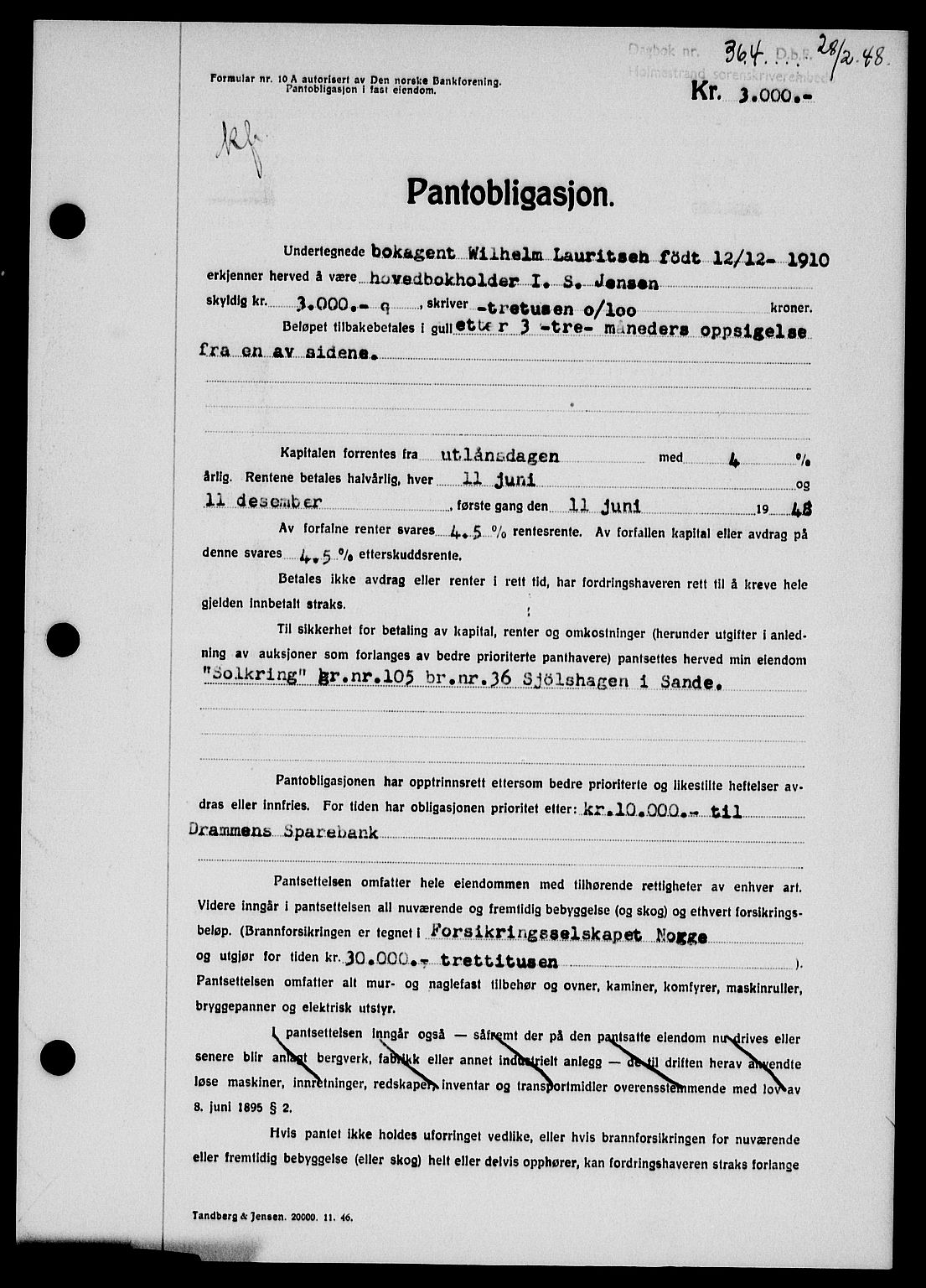 Holmestrand sorenskriveri, SAKO/A-67/G/Ga/Gab/L0058: Pantebok nr. B-58, 1947-1948, Dagboknr: 364/1948