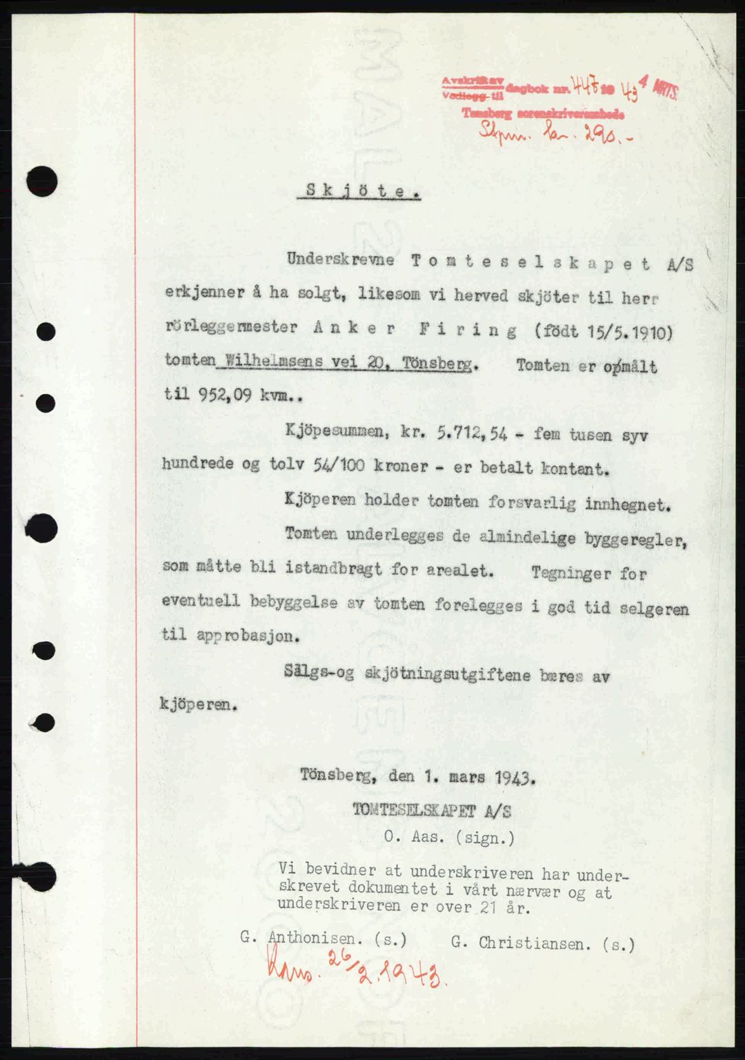 Tønsberg sorenskriveri, AV/SAKO-A-130/G/Ga/Gaa/L0012: Pantebok nr. A12, 1942-1943, Dagboknr: 447/1943