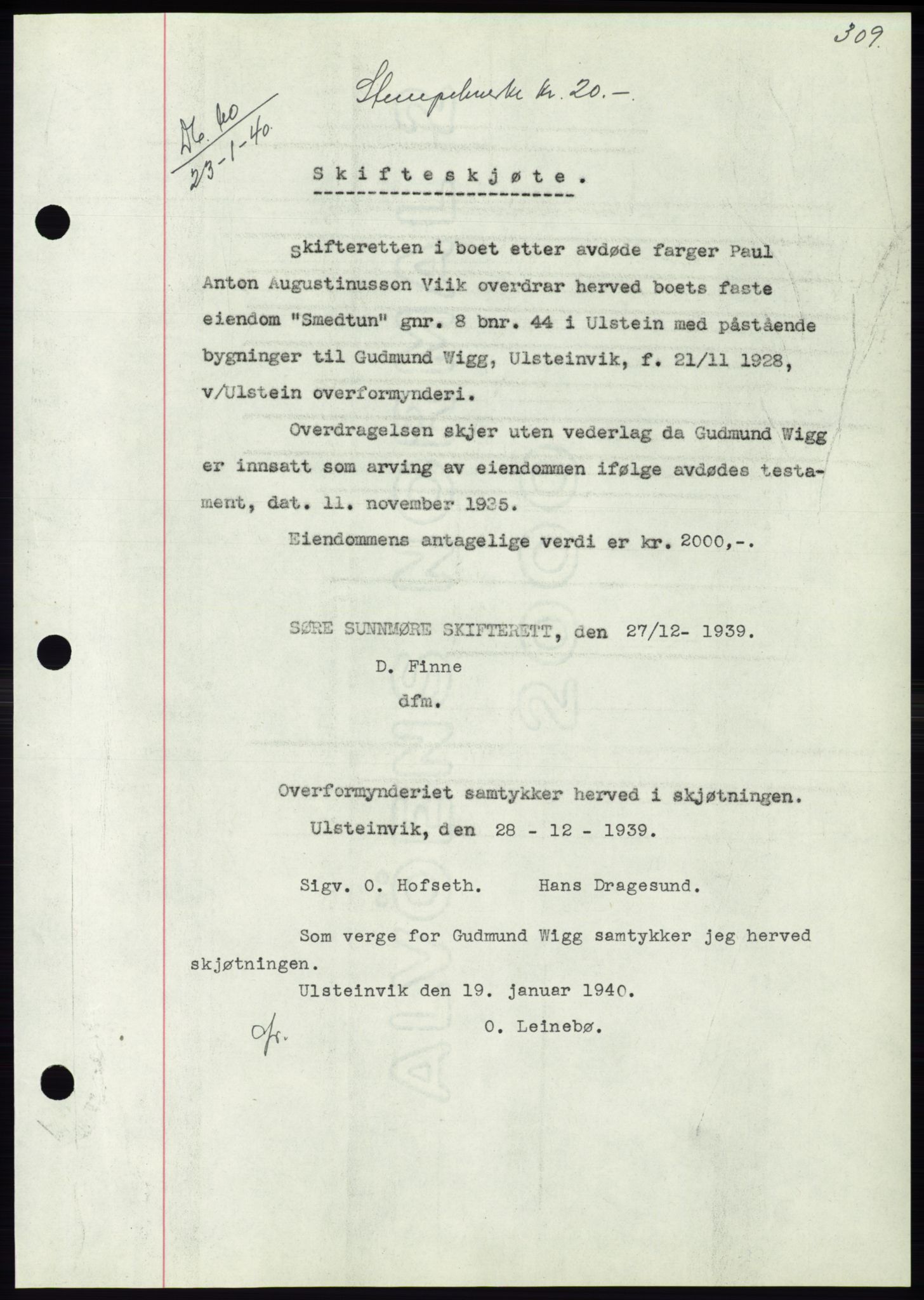 Søre Sunnmøre sorenskriveri, SAT/A-4122/1/2/2C/L0069: Pantebok nr. 63, 1939-1940, Dagboknr: 60/1940