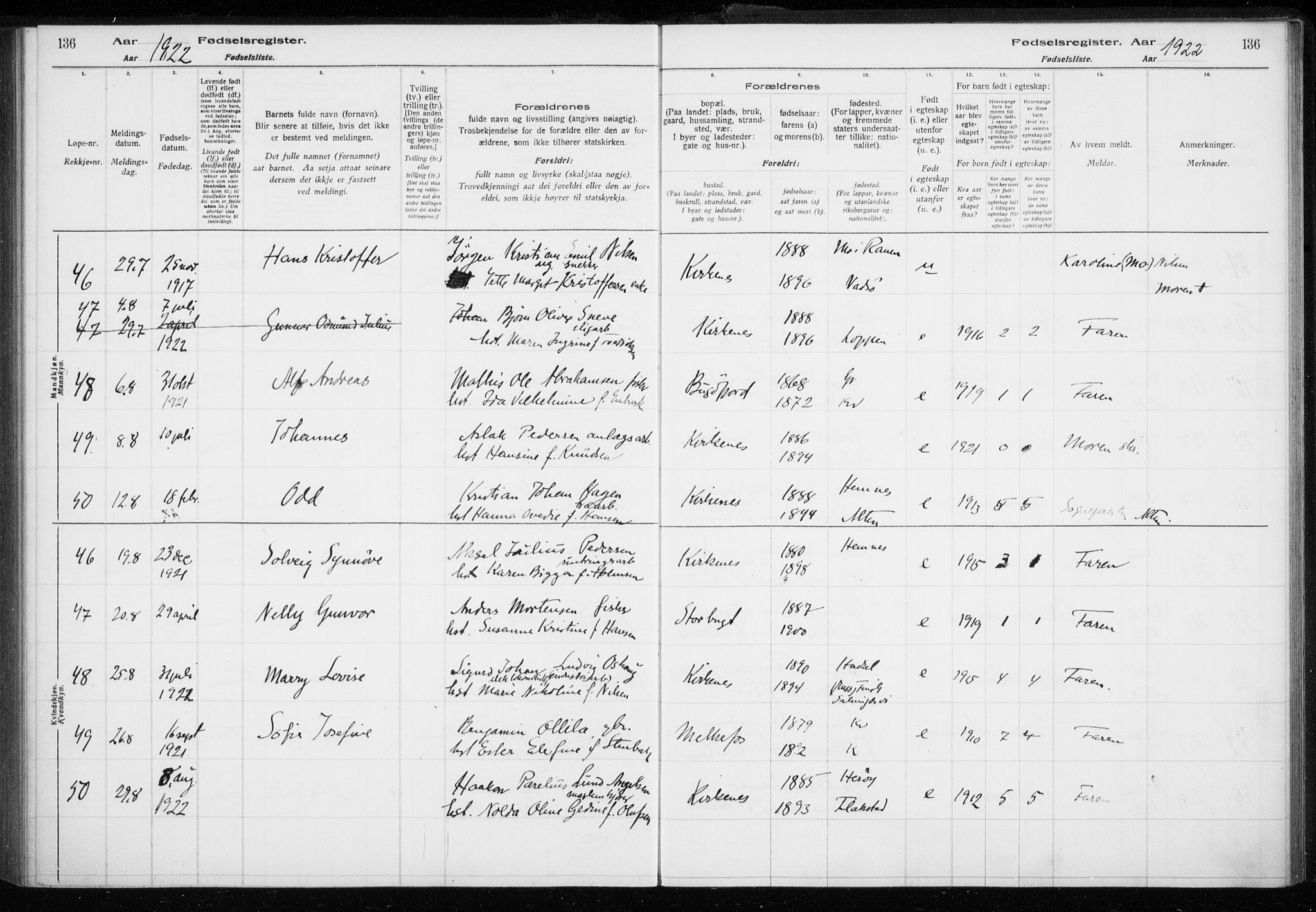 Sør-Varanger sokneprestkontor, AV/SATØ-S-1331/I/Ia/L0016: Fødselsregister nr. 16, 1915-1925, s. 136
