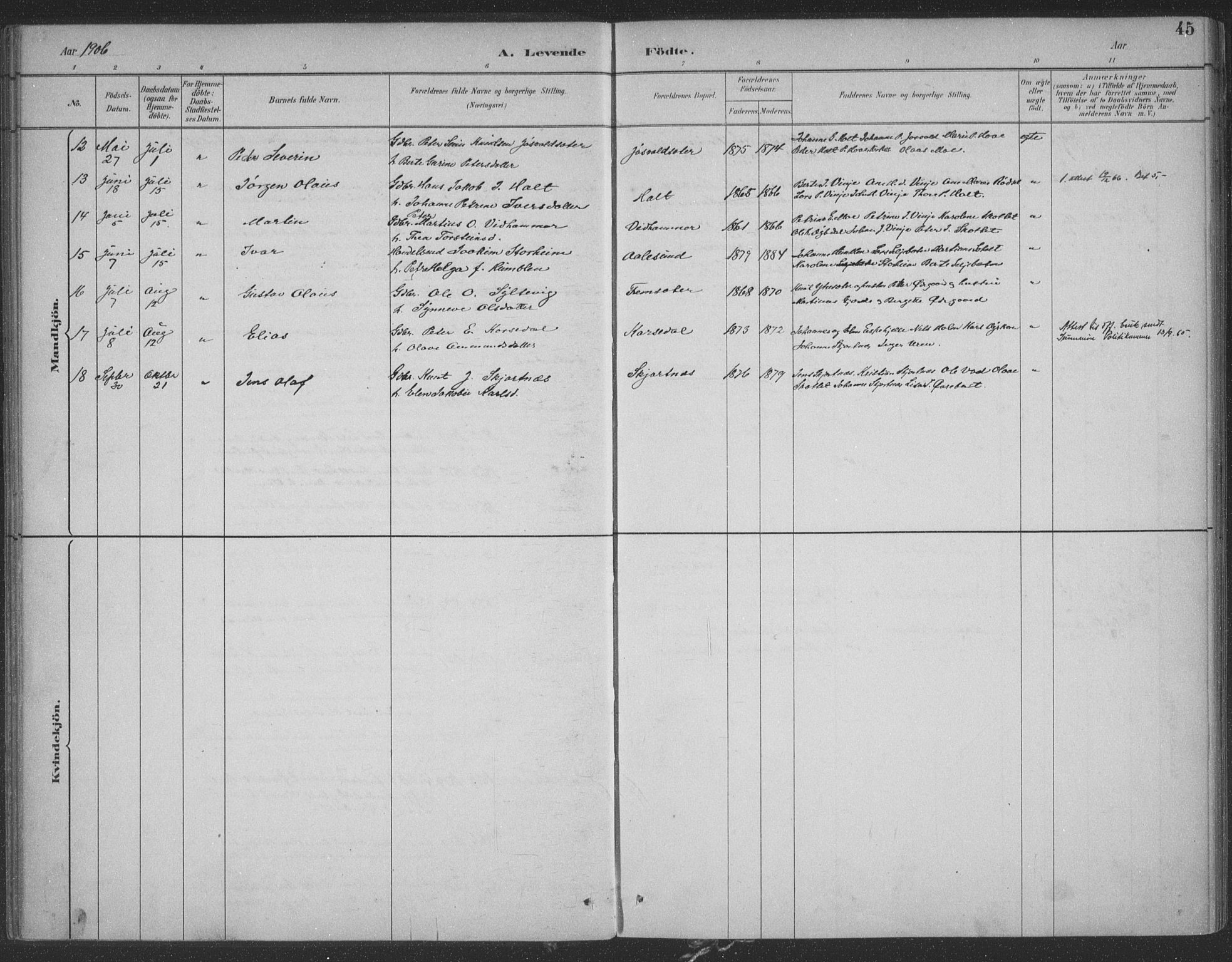 Ministerialprotokoller, klokkerbøker og fødselsregistre - Møre og Romsdal, AV/SAT-A-1454/521/L0299: Ministerialbok nr. 521A01, 1882-1907, s. 45