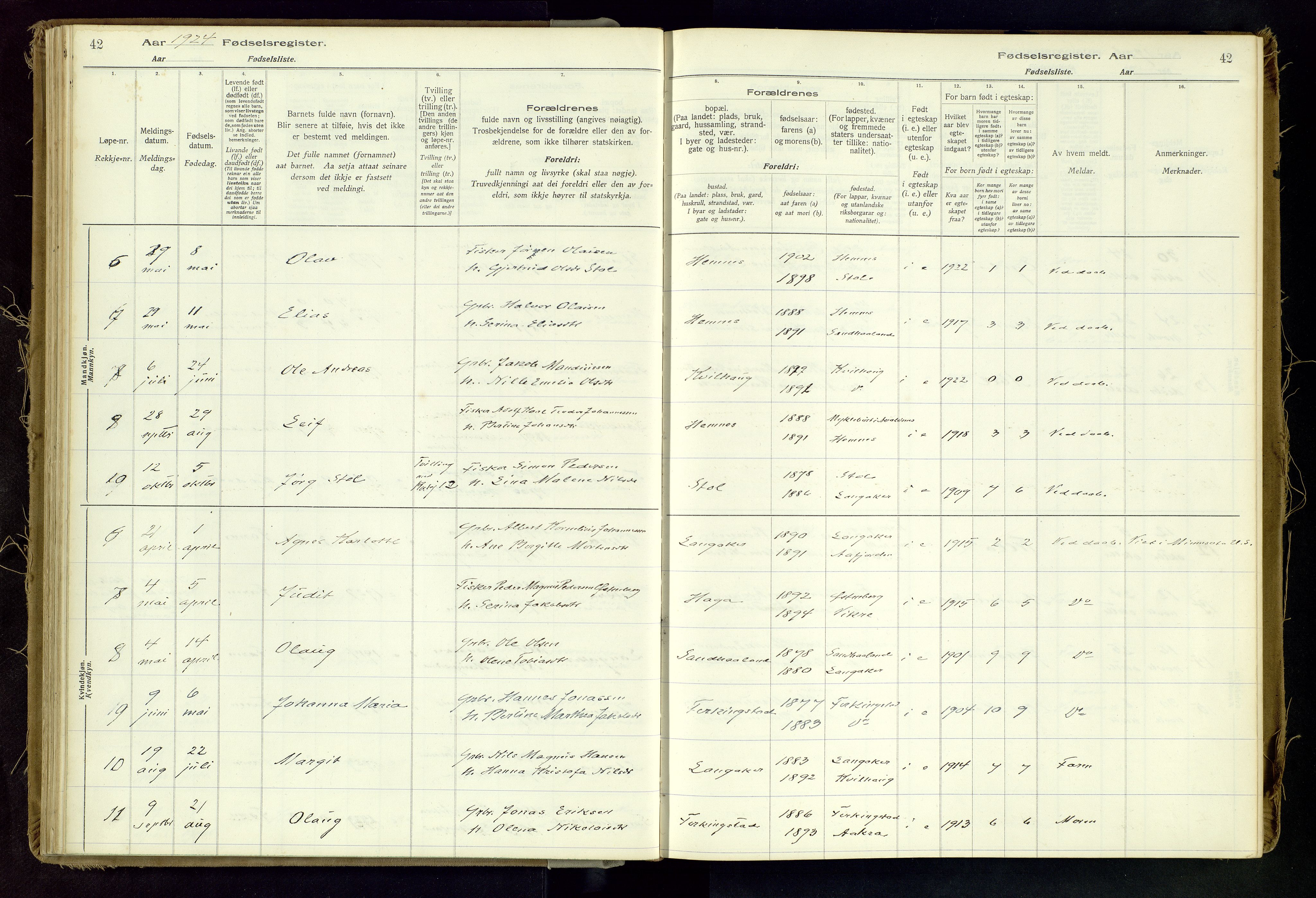 Skudenes sokneprestkontor, AV/SAST-A -101849/I/Id/L0002: Fødselsregister nr. 2, 1916-1962, s. 42