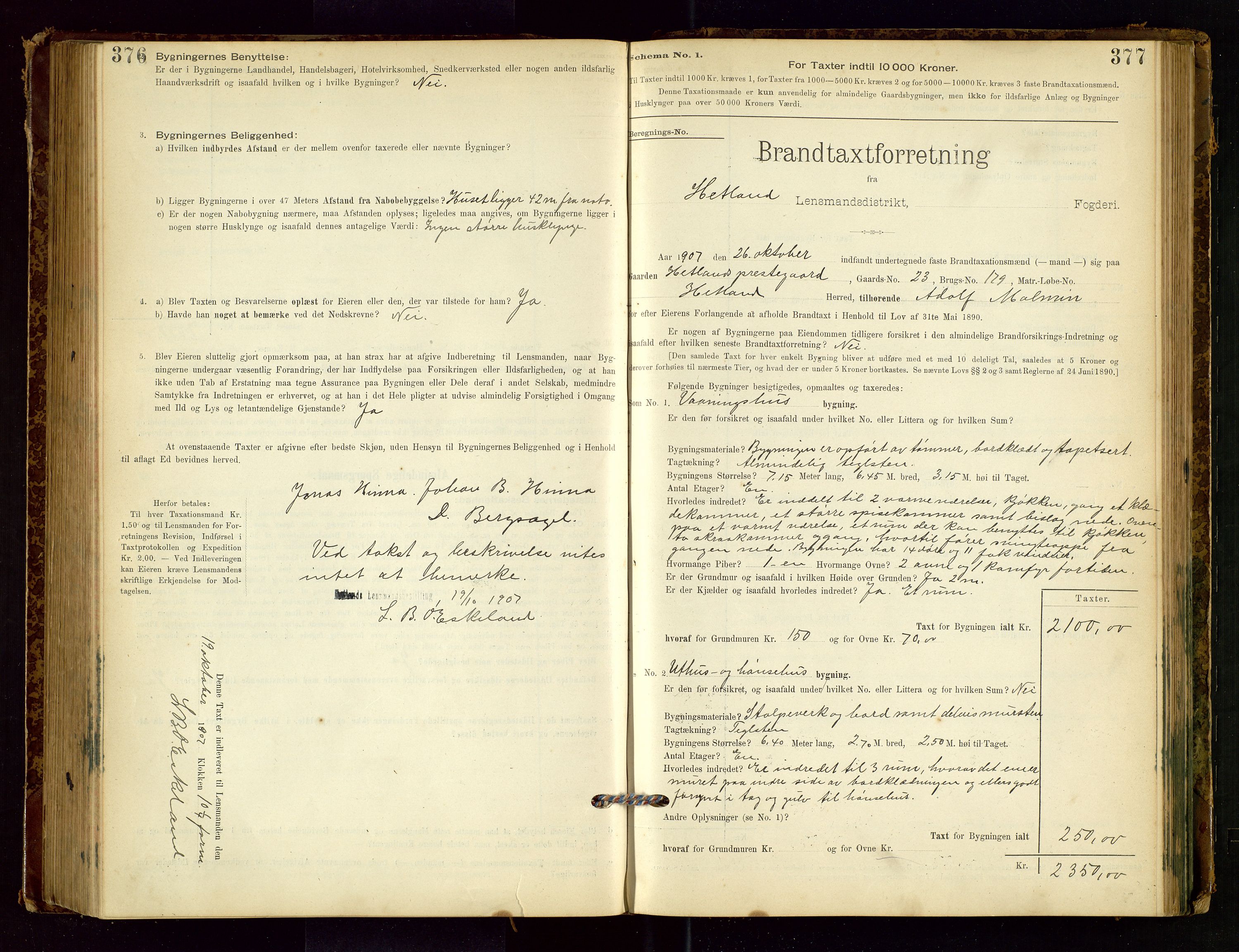 Hetland lensmannskontor, SAST/A-100101/Gob/L0001: "Brandtaxationsprotokol", 1895-1918, s. 376-377