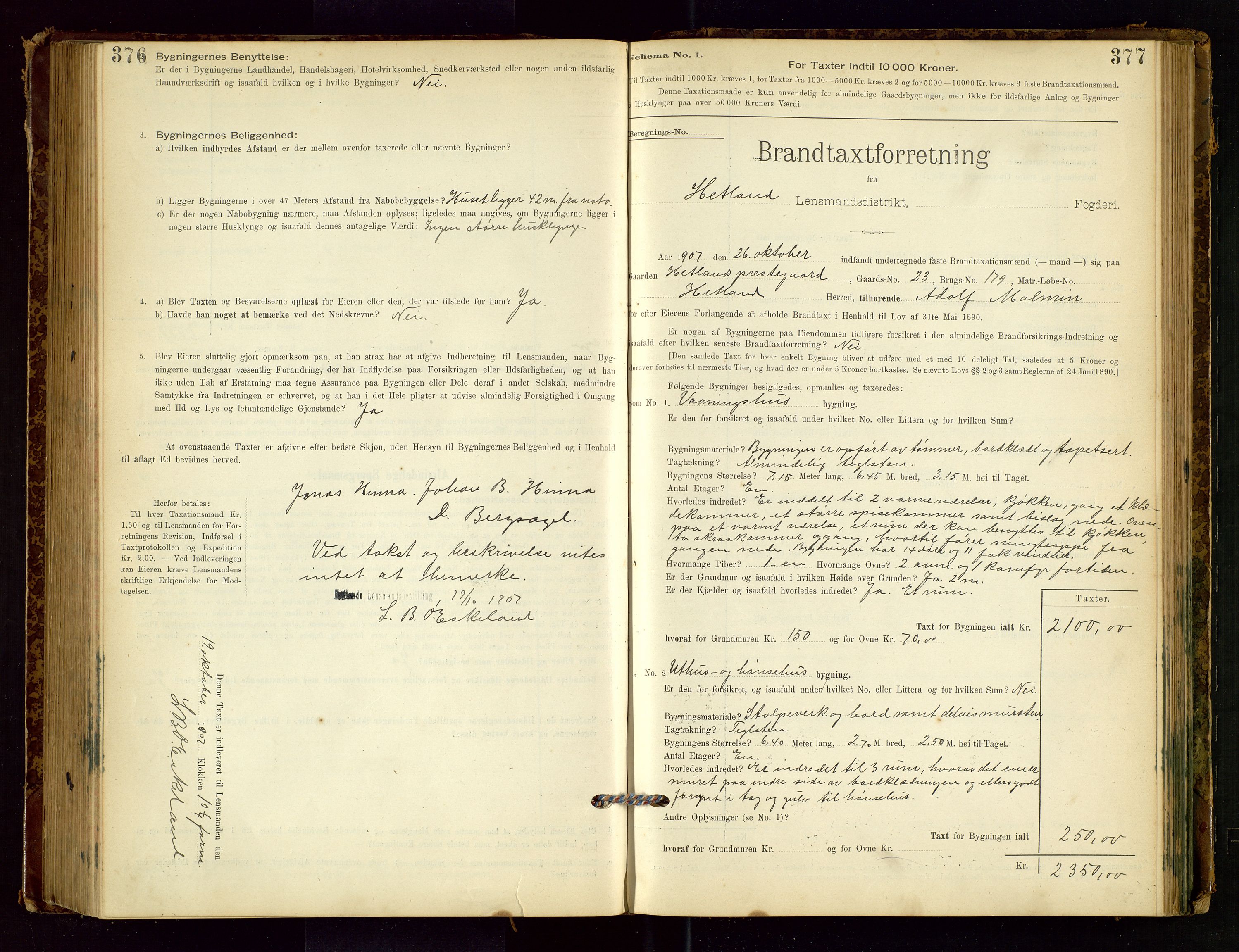 Hetland lensmannskontor, AV/SAST-A-100101/Gob/L0001: "Brandtaxationsprotokol", 1895-1918, s. 376-377