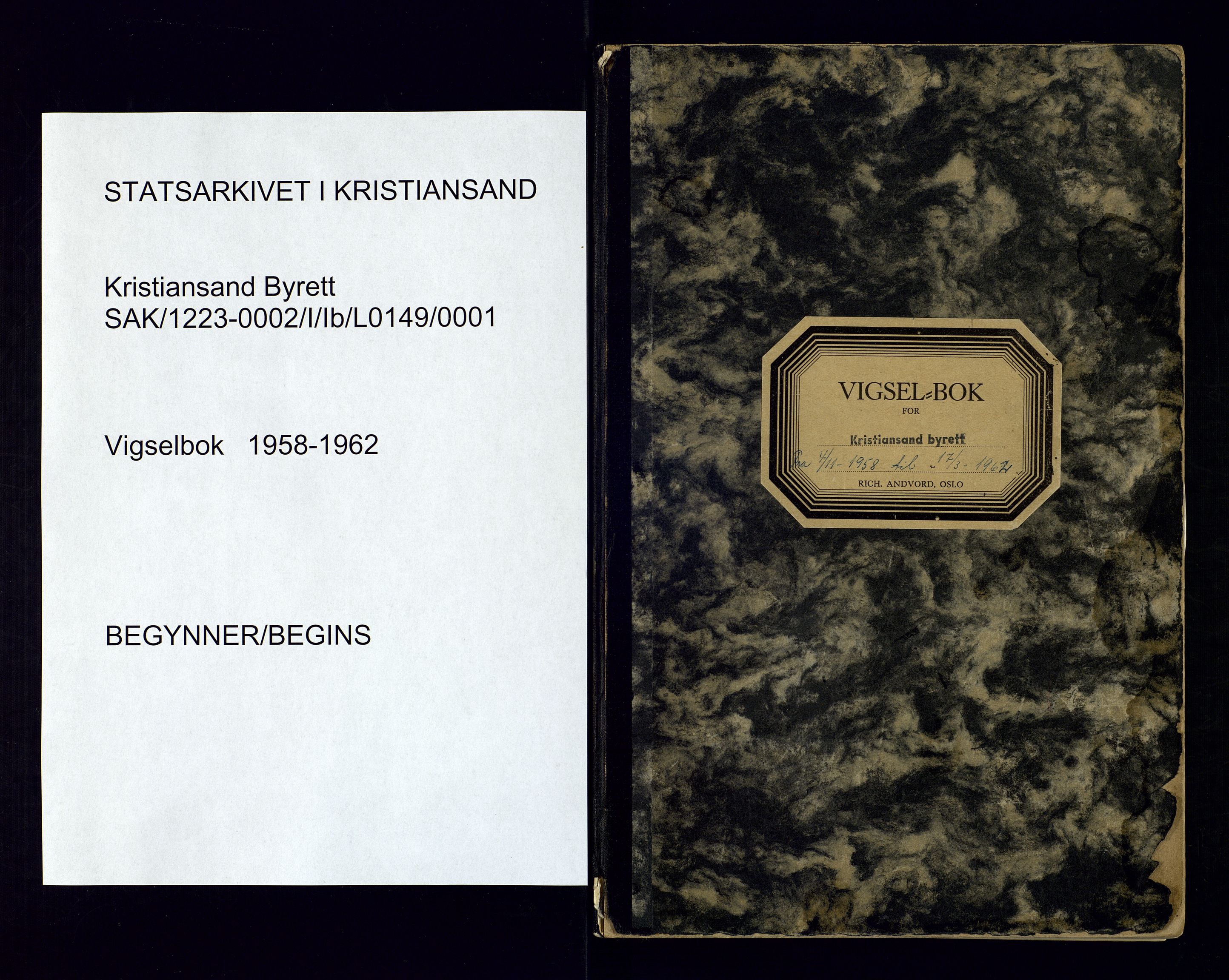 Kristiansand byrett - 2, AV/SAK-1223-0002/I/Ib/L0149/0001: Vigselbøker og lysningsbøker / Vigselbok, 1958-1962