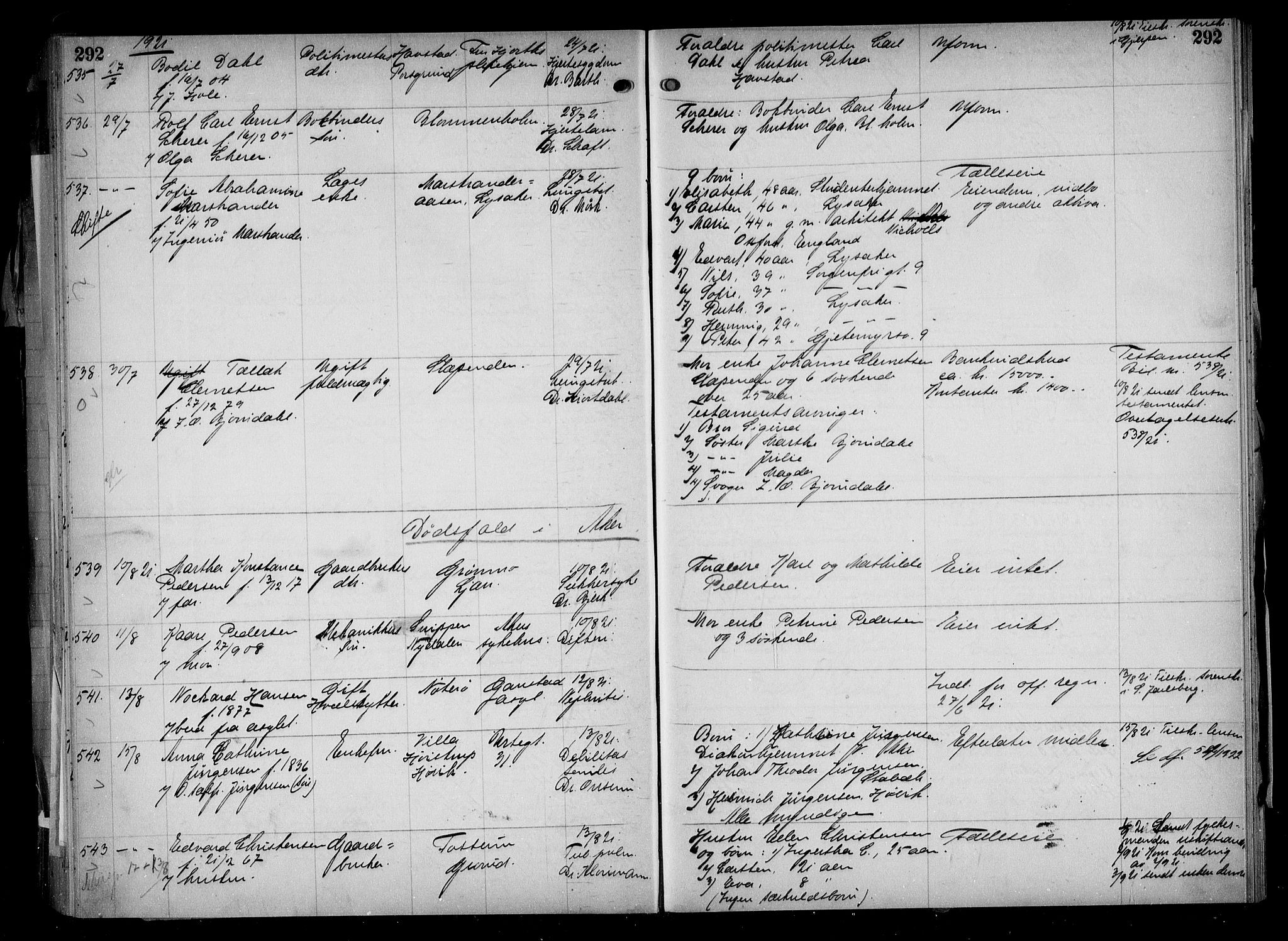 Aker kriminaldommer, skifte- og auksjonsforvalterembete, AV/SAO-A-10452/H/Hb/Hba/Hbaa/L0005: Dødsfallsprotokoll, 1918-1922, s. 292