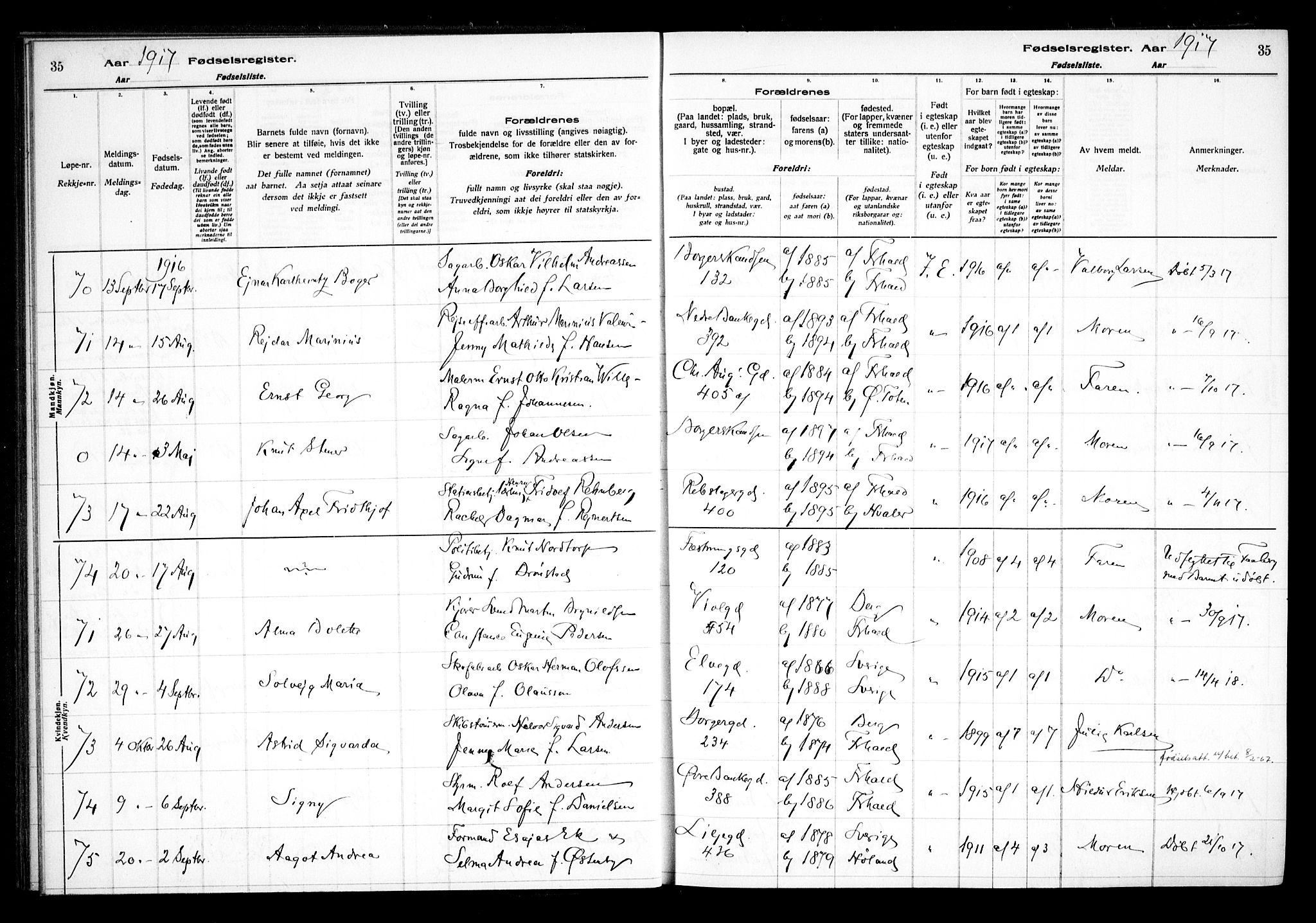 Halden prestekontor Kirkebøker, AV/SAO-A-10909/J/Ja/L0001: Fødselsregister nr. I 1, 1916-1925, s. 35