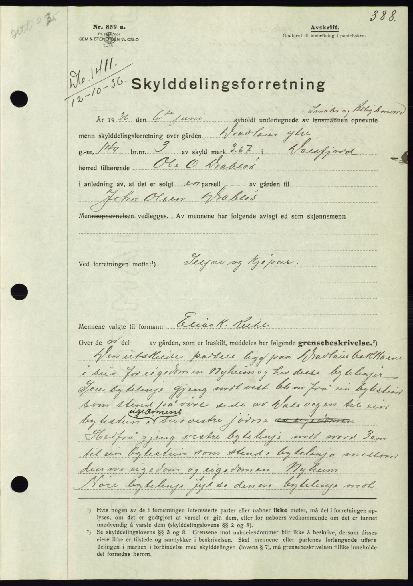 Søre Sunnmøre sorenskriveri, AV/SAT-A-4122/1/2/2C/L0061: Pantebok nr. 55, 1936-1936, Dagboknr: 1411/1936