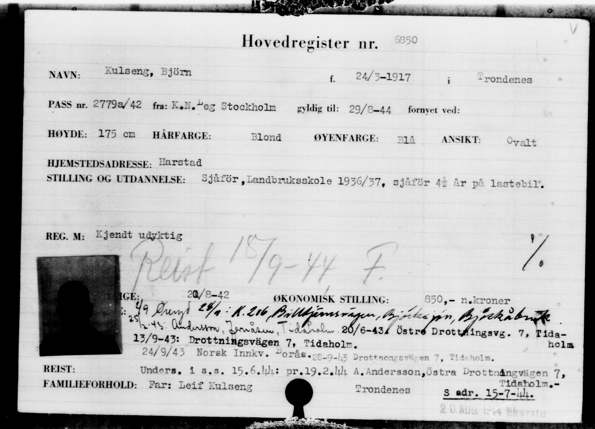 Utenriksstasjonene, Legasjonen i Stockholm, Flyktningkontoret, AV/RA-S-6753/V/Va/L0005: Kjesäterkartoteket, flyktning nr. 6600-9417, 1940-1945, s. 301