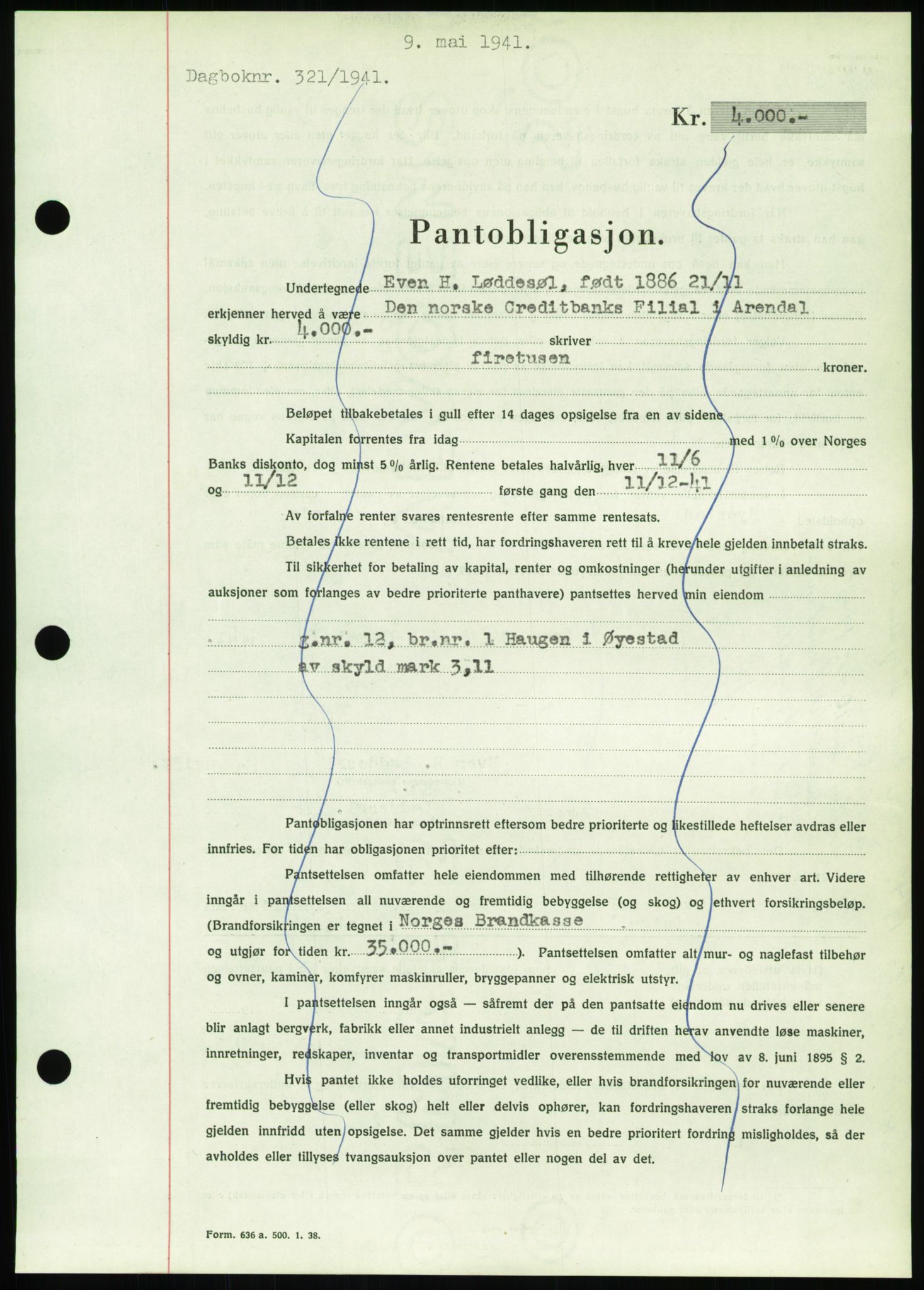 Nedenes sorenskriveri, SAK/1221-0006/G/Gb/Gbb/L0001: Pantebok nr. I, 1939-1942, Dagboknr: 321/1941