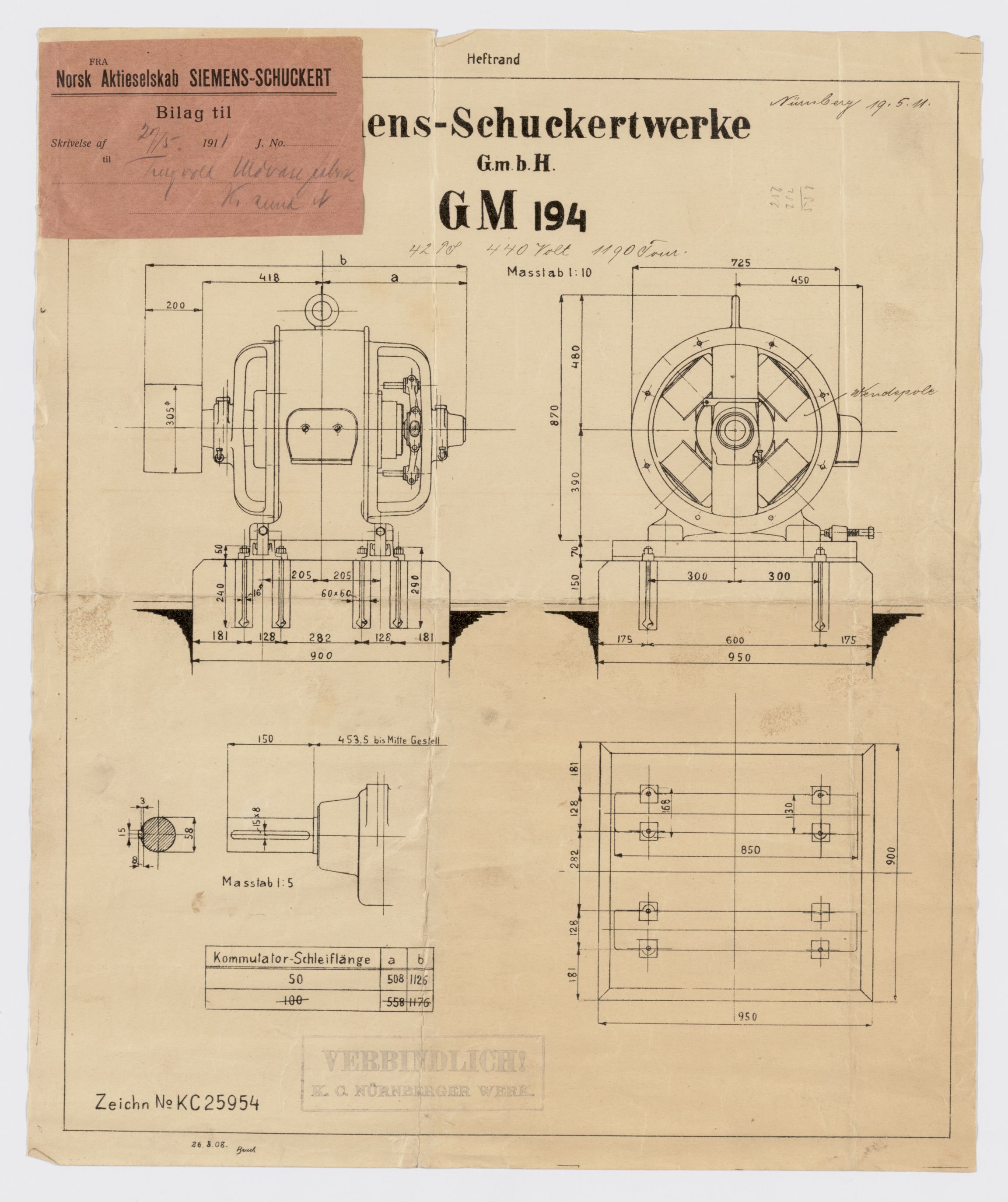 Tingvoll Ullvarefabrikk, IKAM/P-00482/T/Ta/L0007: Tegninger av maskineri fra Siemens-Schuckert Werke, 1911-1913