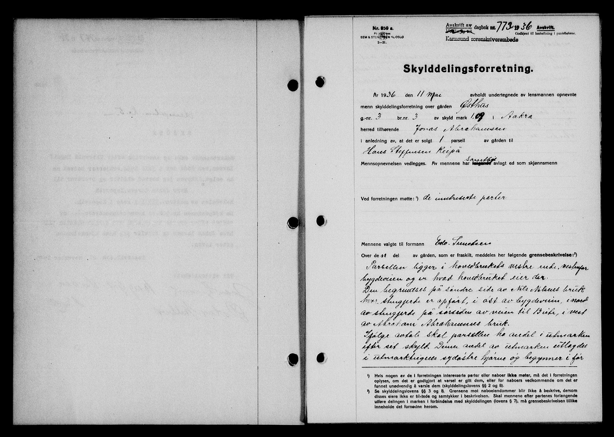 Karmsund sorenskriveri, SAST/A-100311/01/II/IIB/L0066: Pantebok nr. 47A, 1936-1936, Dagboknr: 773/1936