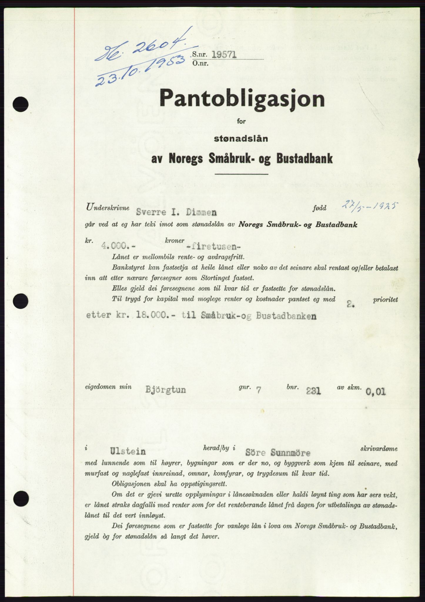 Søre Sunnmøre sorenskriveri, SAT/A-4122/1/2/2C/L0124: Pantebok nr. 12B, 1953-1954, Dagboknr: 2604/1953