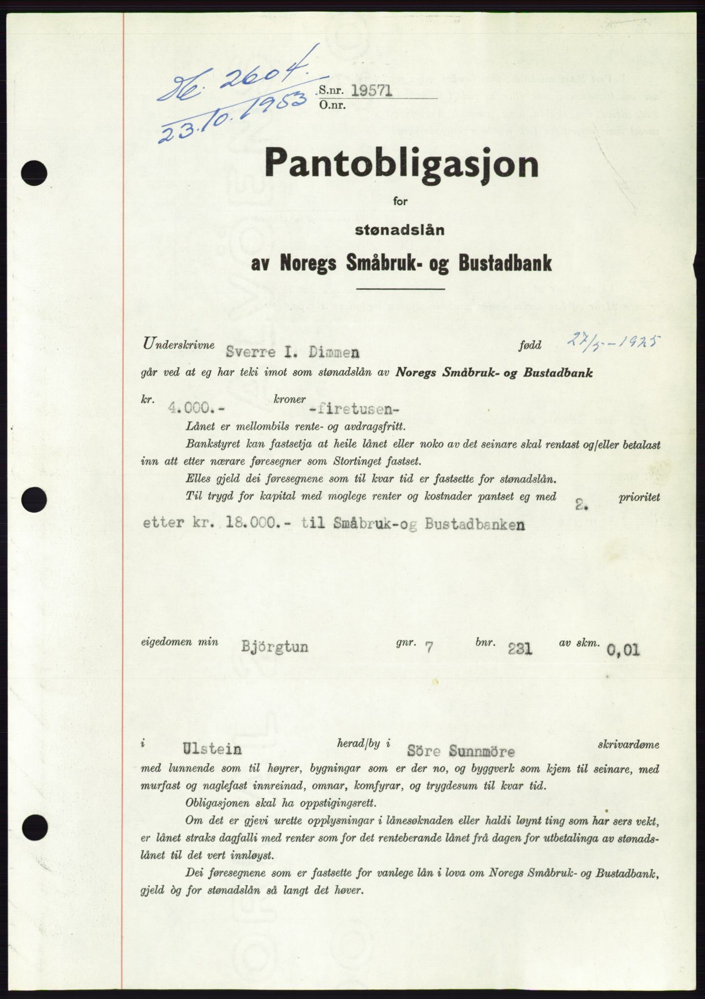 Søre Sunnmøre sorenskriveri, AV/SAT-A-4122/1/2/2C/L0124: Pantebok nr. 12B, 1953-1954, Dagboknr: 2604/1953