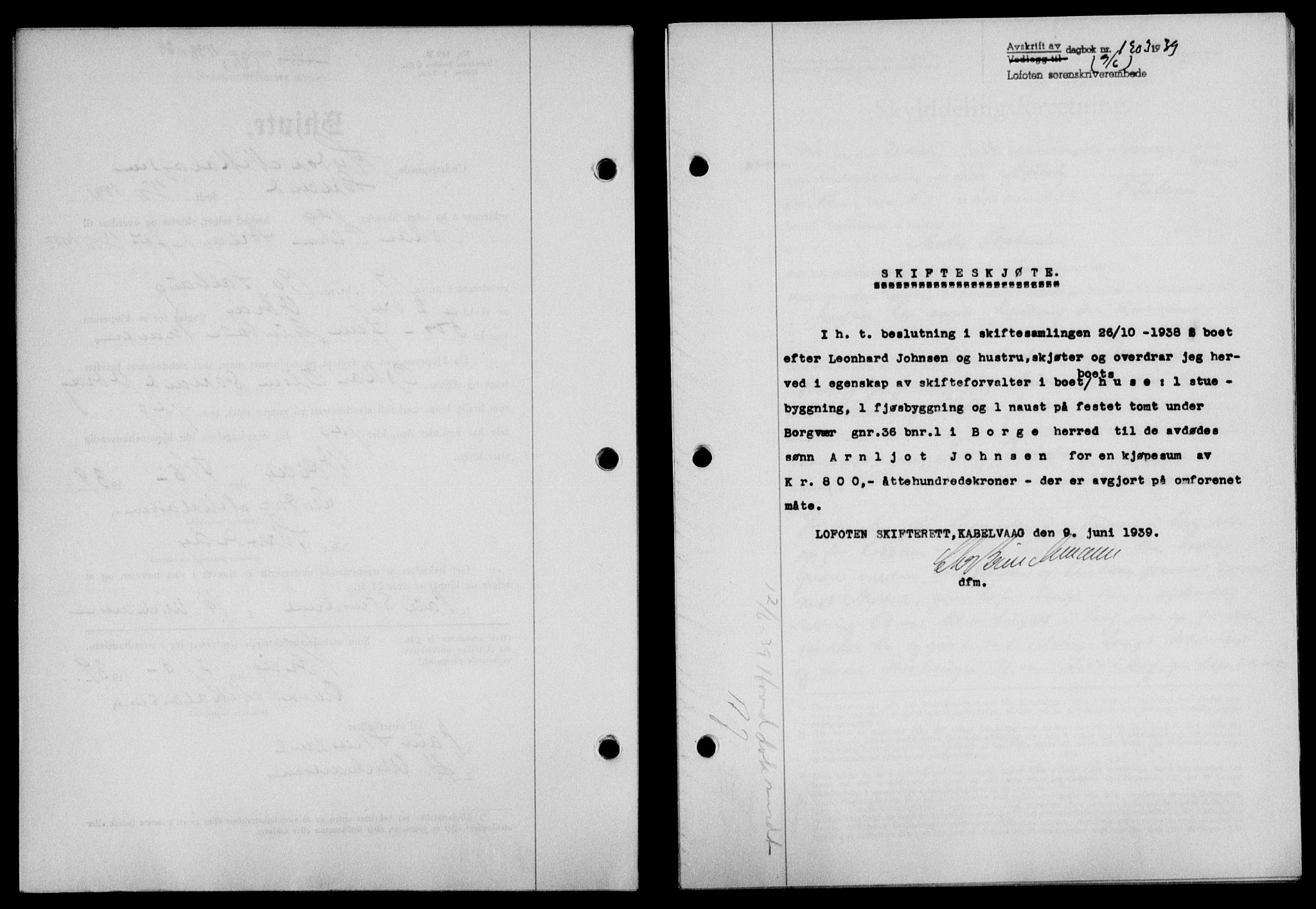Lofoten sorenskriveri, SAT/A-0017/1/2/2C/L0005a: Pantebok nr. 5a, 1939-1939, Dagboknr: 1203/1939