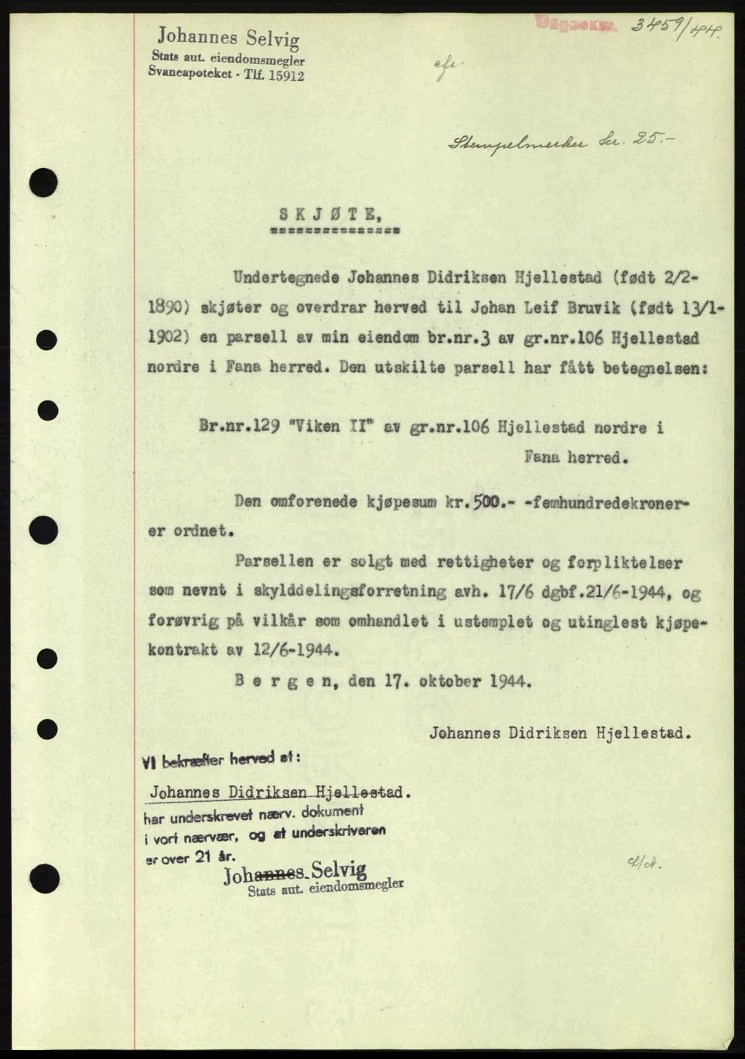 Midhordland sorenskriveri, SAB/A-3001/1/G/Gb/Gbj/L0019: Pantebok nr. A37-38, 1944-1945, Dagboknr: 3459/1944