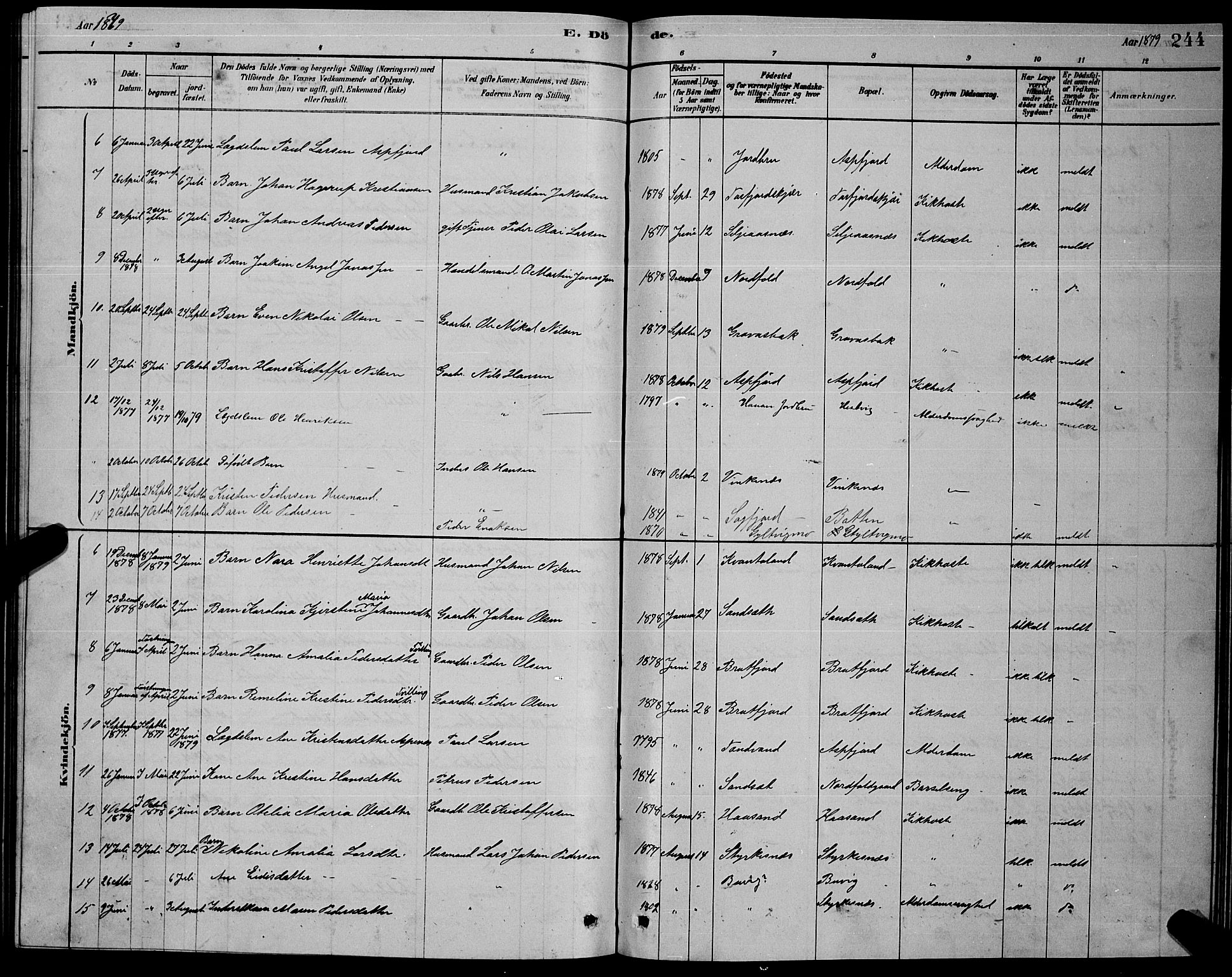 Ministerialprotokoller, klokkerbøker og fødselsregistre - Nordland, AV/SAT-A-1459/853/L0776: Klokkerbok nr. 853C04, 1878-1889, s. 244