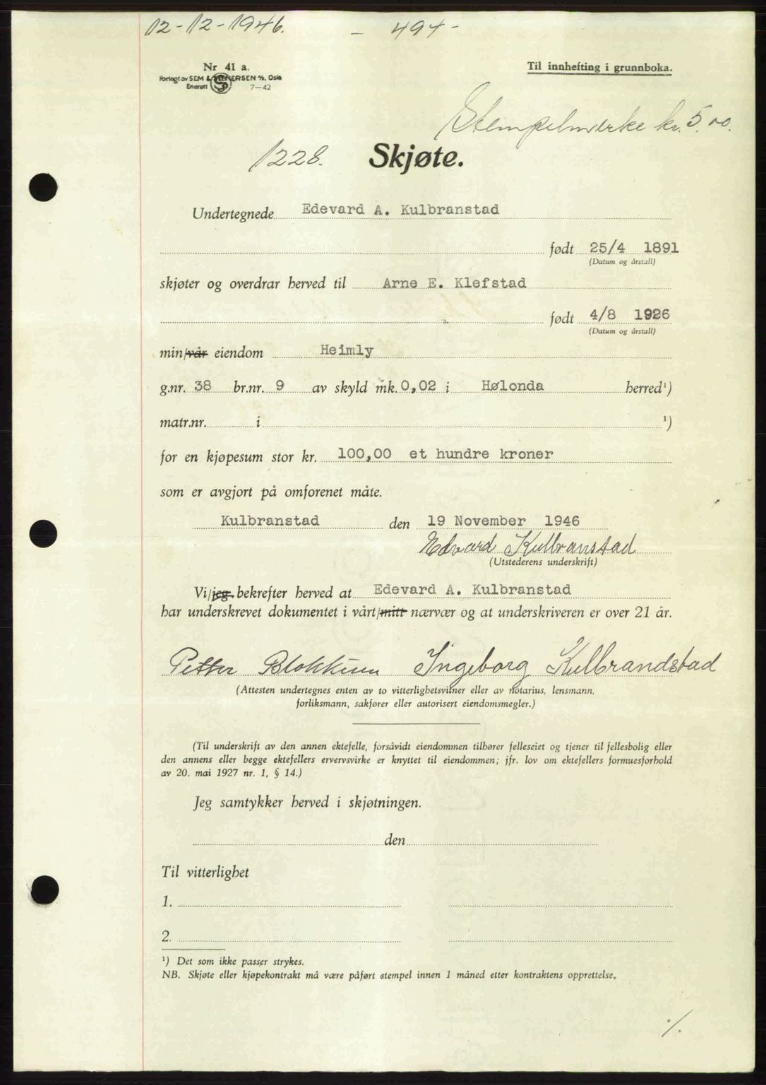 Gauldal sorenskriveri, SAT/A-0014/1/2/2C: Pantebok nr. A2, 1946-1946, Dagboknr: 1228/1946