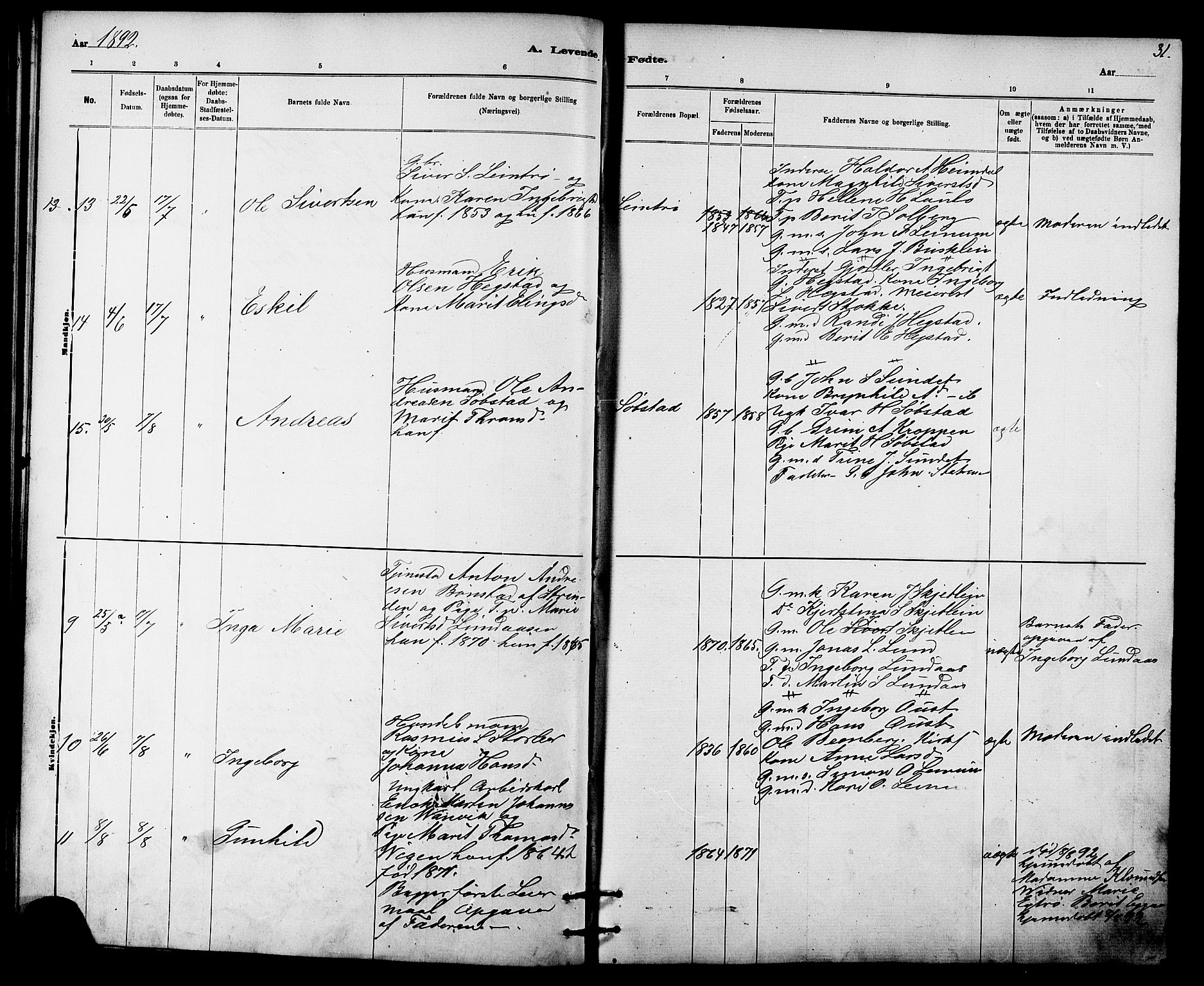 Ministerialprotokoller, klokkerbøker og fødselsregistre - Sør-Trøndelag, AV/SAT-A-1456/613/L0395: Klokkerbok nr. 613C03, 1887-1909, s. 31