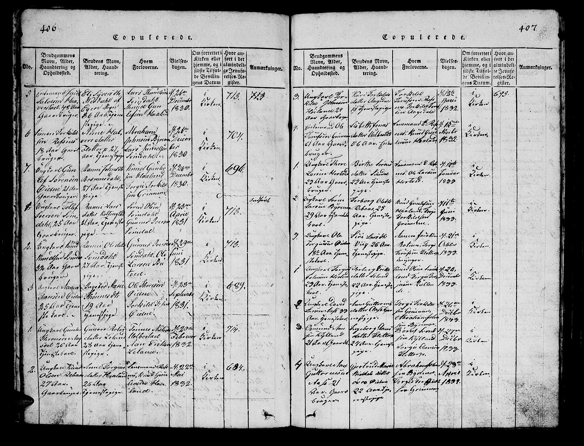 Bjelland sokneprestkontor, SAK/1111-0005/F/Fb/Fbc/L0001: Klokkerbok nr. B 1, 1815-1870, s. 406-407