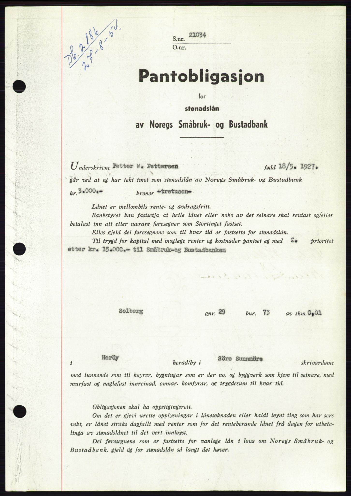 Søre Sunnmøre sorenskriveri, SAT/A-4122/1/2/2C/L0125: Pantebok nr. 13B, 1954-1954, Dagboknr: 2186/1954
