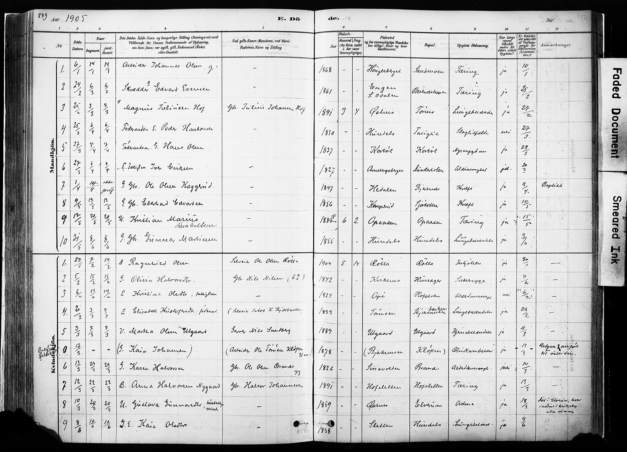 Hof prestekontor, SAH/PREST-038/H/Ha/Haa/L0010: Ministerialbok nr. 10, 1878-1909, s. 289