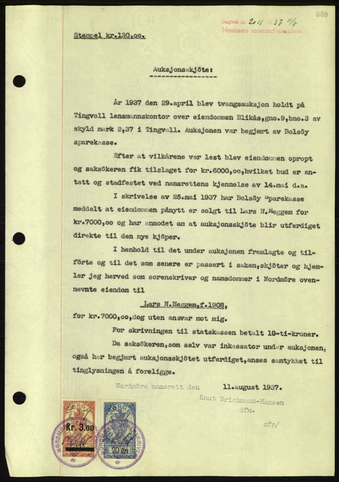 Nordmøre sorenskriveri, SAT/A-4132/1/2/2Ca: Pantebok nr. A81, 1937-1937, Dagboknr: 2011/1937