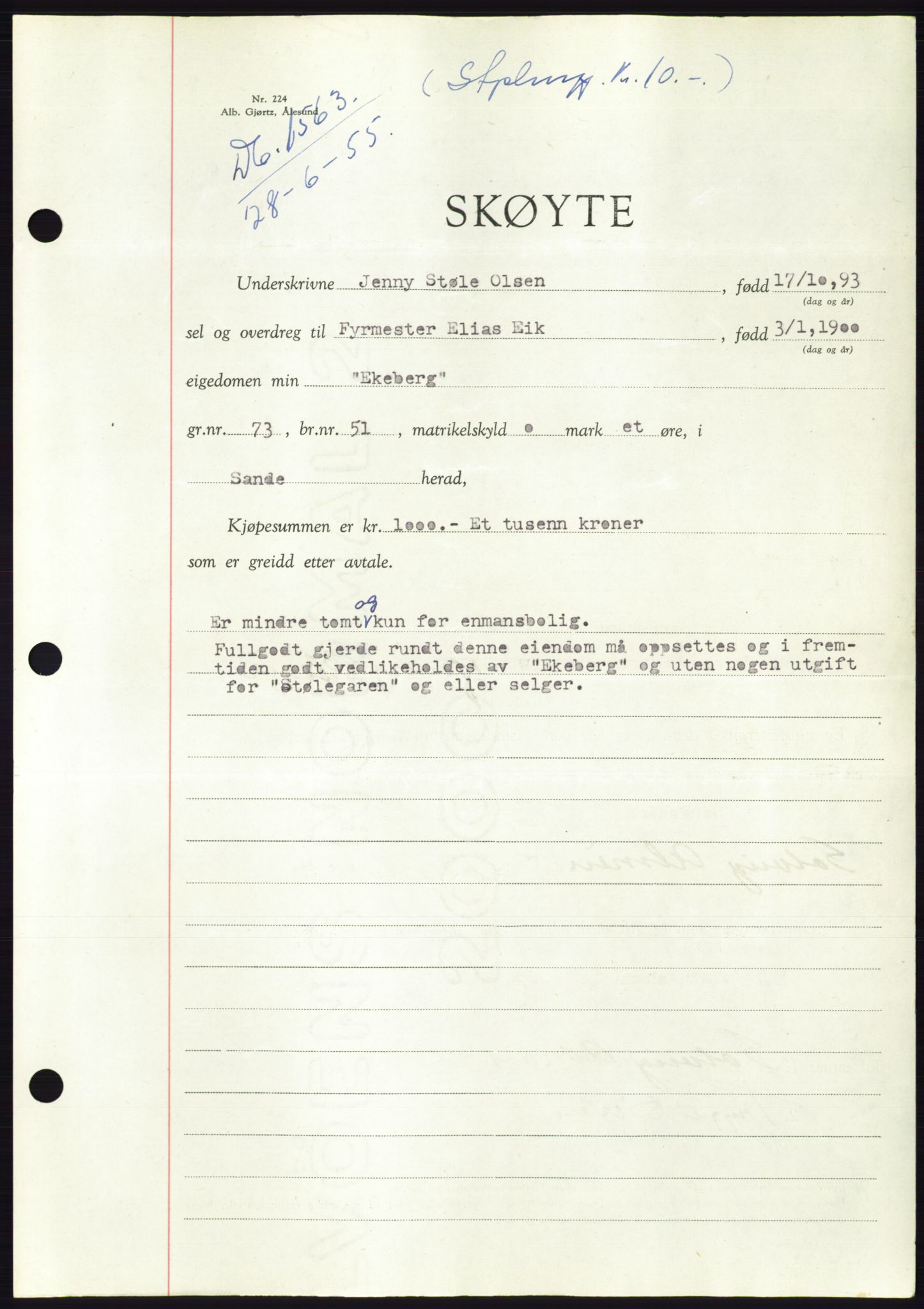 Søre Sunnmøre sorenskriveri, AV/SAT-A-4122/1/2/2C/L0101: Pantebok nr. 27A, 1955-1955, Dagboknr: 1563/1955