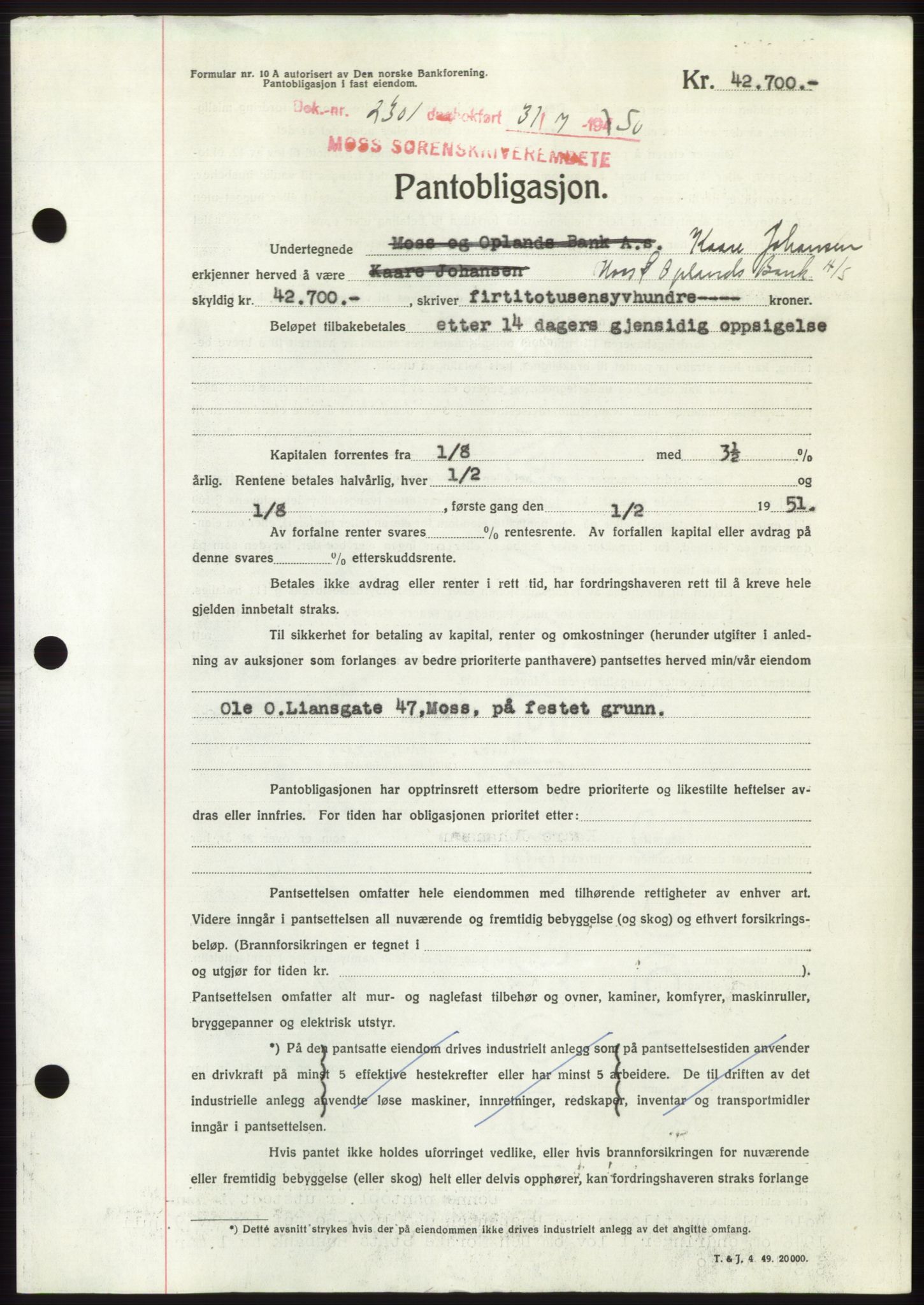 Moss sorenskriveri, AV/SAO-A-10168: Pantebok nr. B24, 1950-1950, Dagboknr: 2301/1950