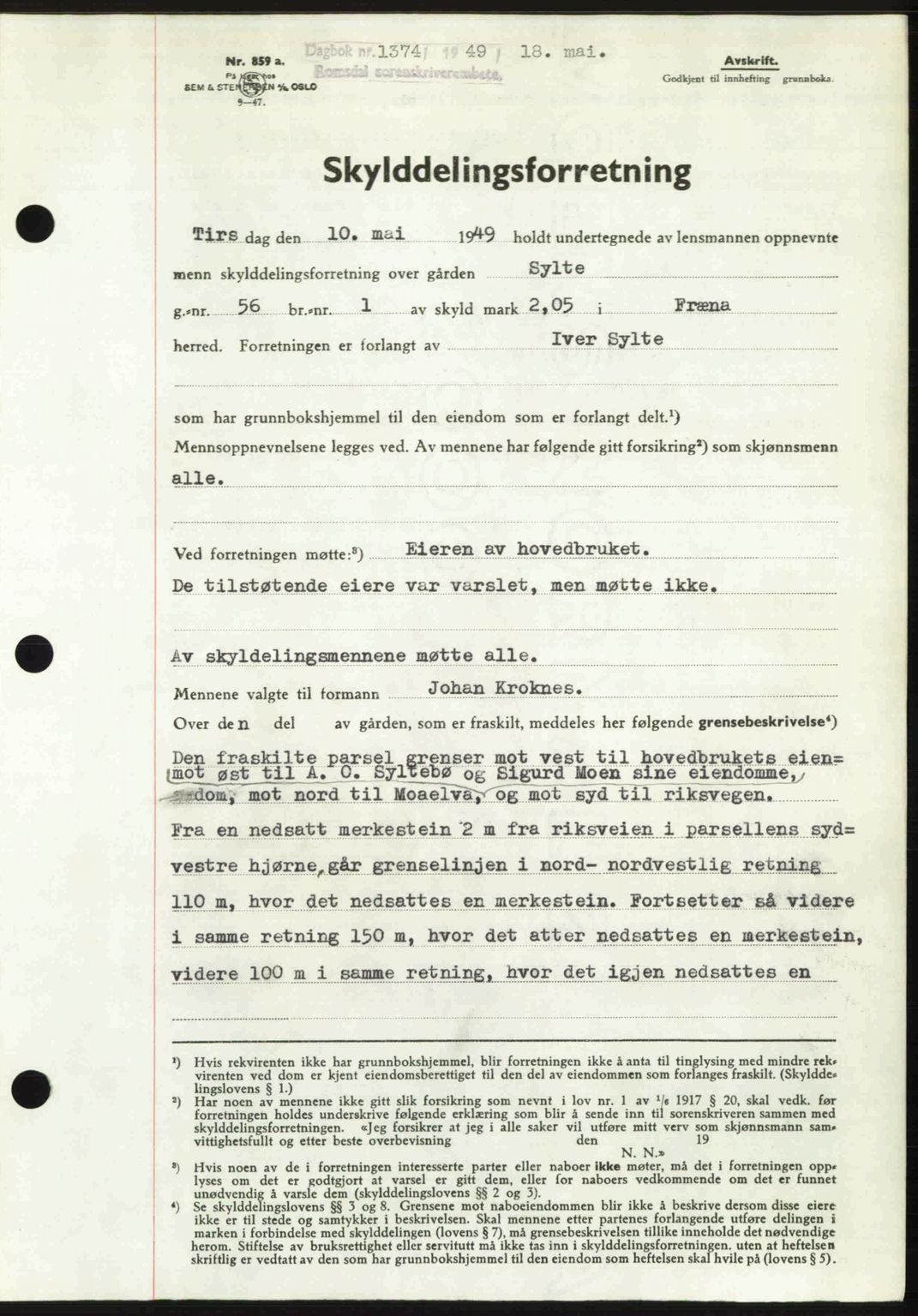 Romsdal sorenskriveri, SAT/A-4149/1/2/2C: Pantebok nr. A29, 1949-1949, Dagboknr: 1374/1949