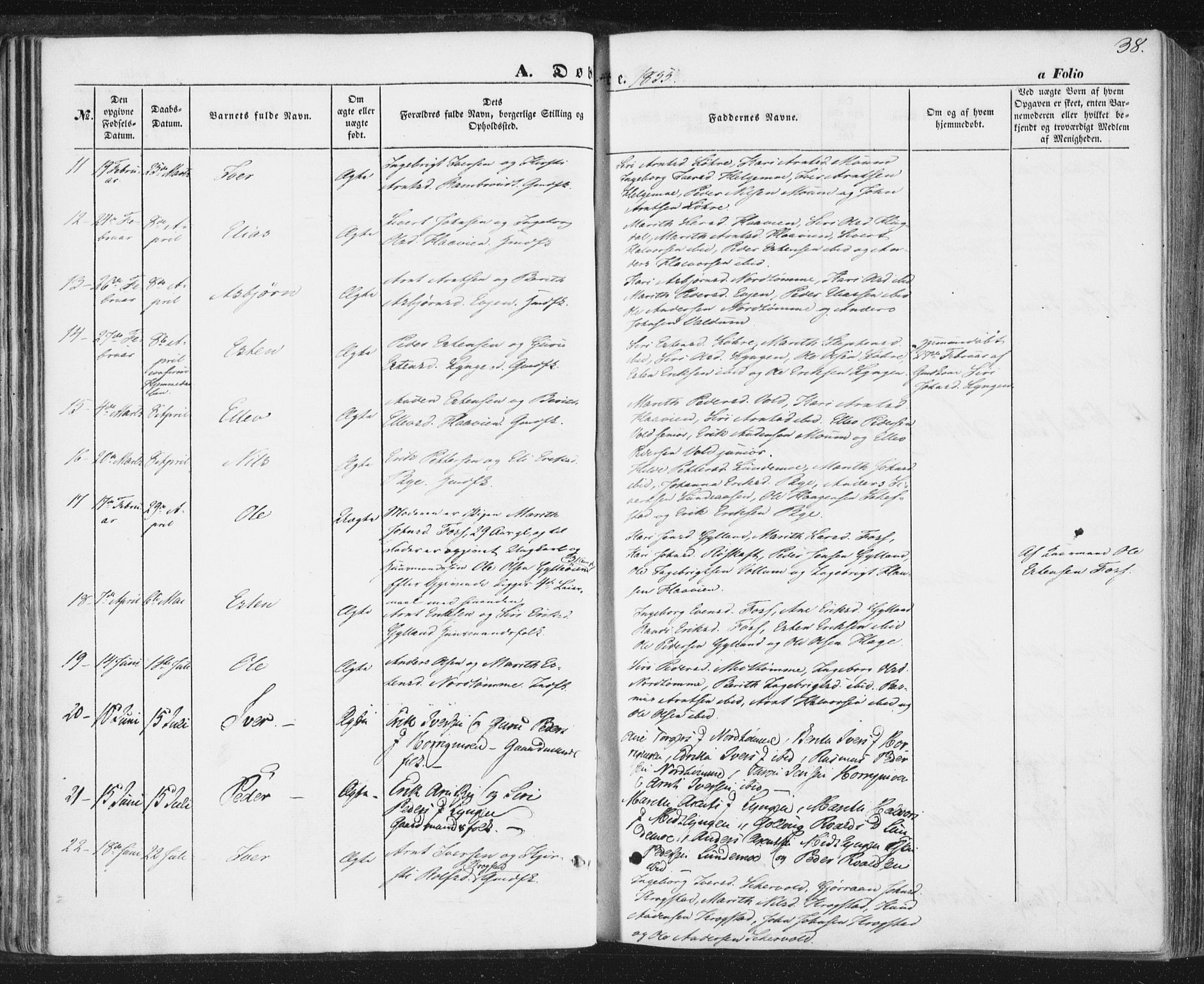 Ministerialprotokoller, klokkerbøker og fødselsregistre - Sør-Trøndelag, SAT/A-1456/692/L1103: Ministerialbok nr. 692A03, 1849-1870, s. 38
