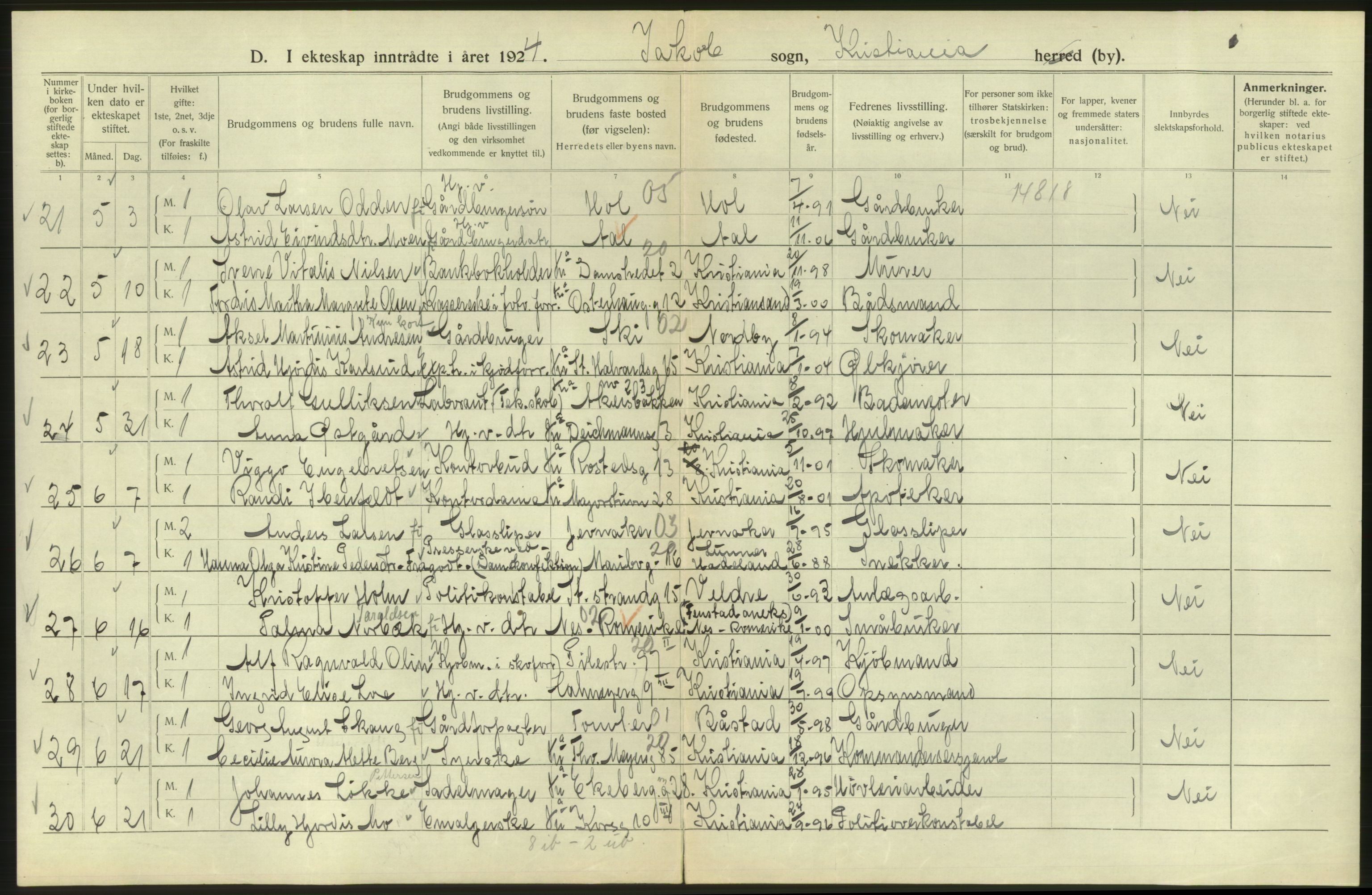 Statistisk sentralbyrå, Sosiodemografiske emner, Befolkning, AV/RA-S-2228/D/Df/Dfc/Dfcd/L0007: Kristiania: Gifte, 1924, s. 332