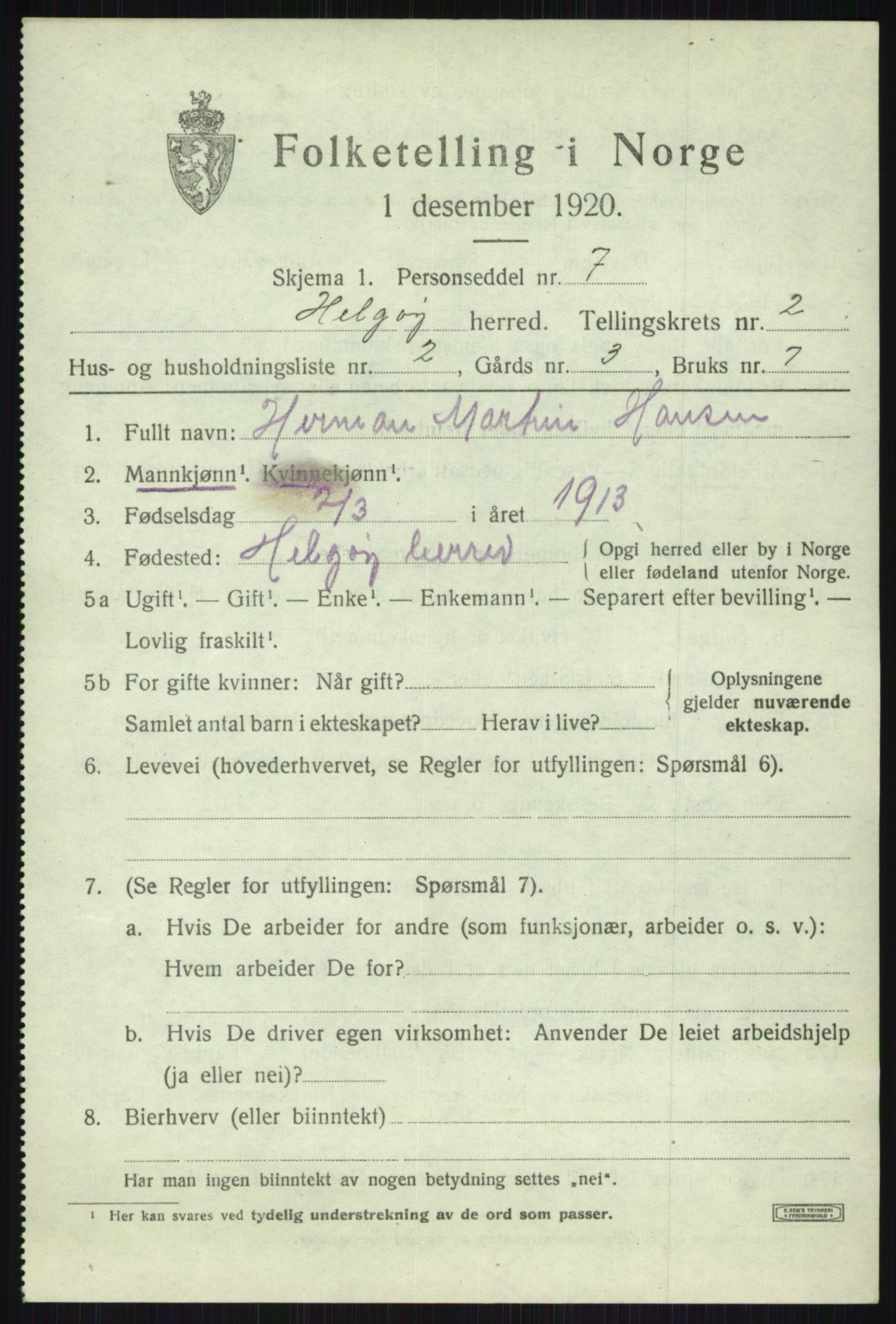 SATØ, Folketelling 1920 for 1935 Helgøy herred, 1920, s. 1157