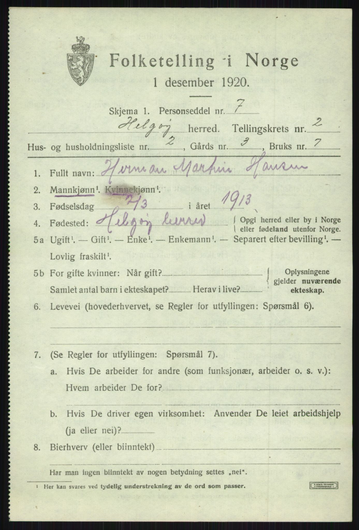 SATØ, Folketelling 1920 for 1935 Helgøy herred, 1920, s. 1157
