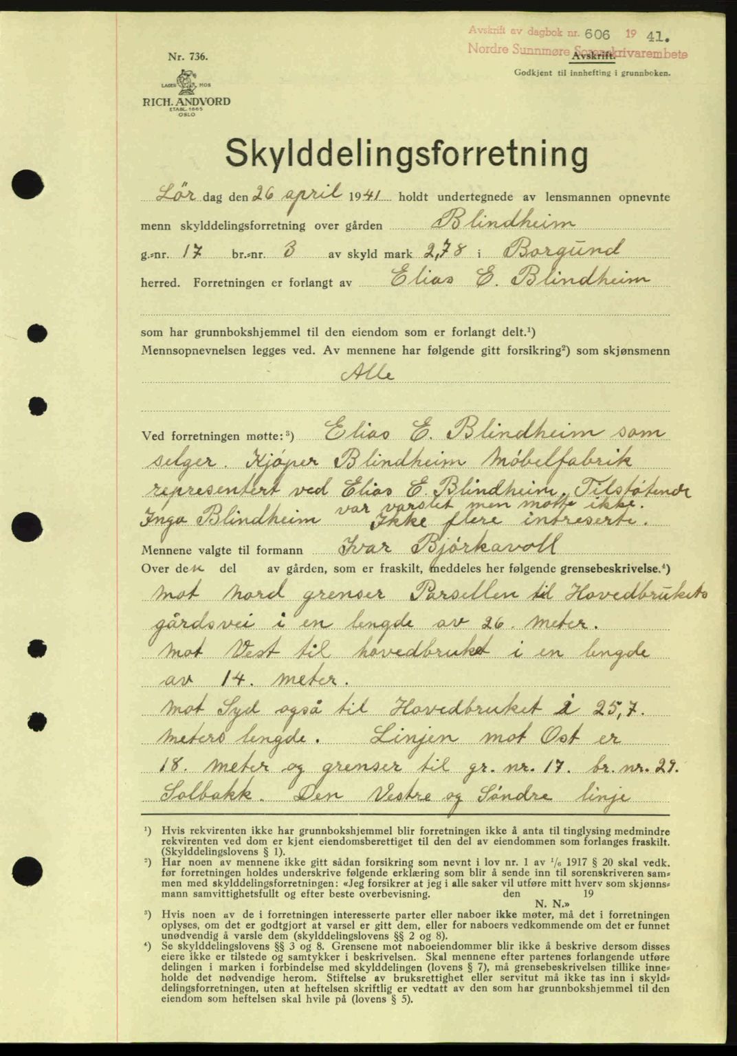 Nordre Sunnmøre sorenskriveri, SAT/A-0006/1/2/2C/2Ca: Pantebok nr. A10, 1940-1941, Dagboknr: 606/1941