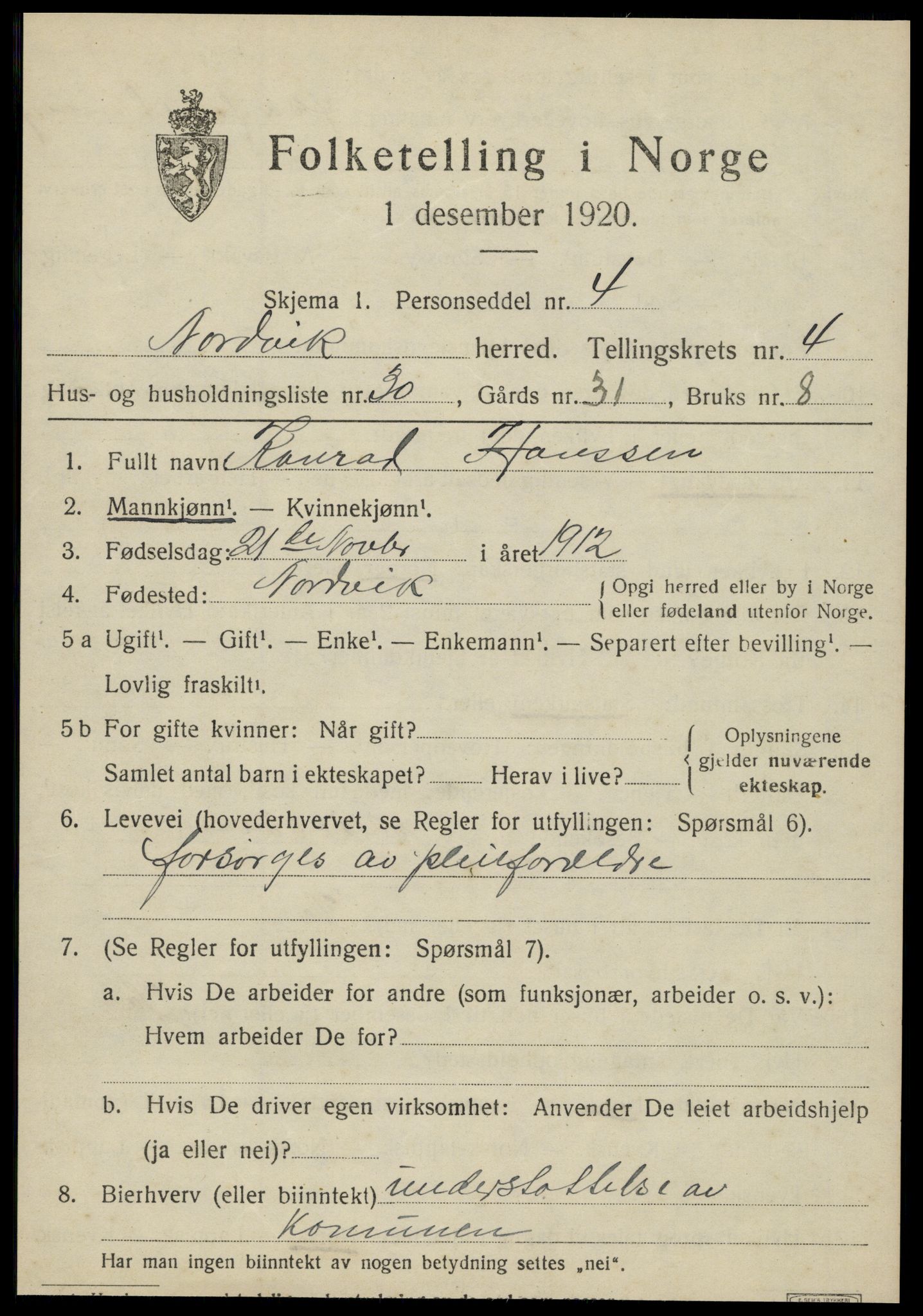 SAT, Folketelling 1920 for 1819 Nordvik herred, 1920, s. 1770