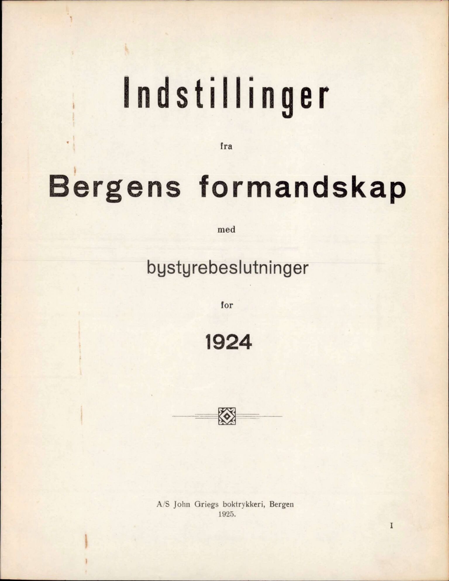 Bergen kommune. Formannskapet, BBA/A-0003/Ad/L0108: Bergens Kommuneforhandlinger, bind I, 1924