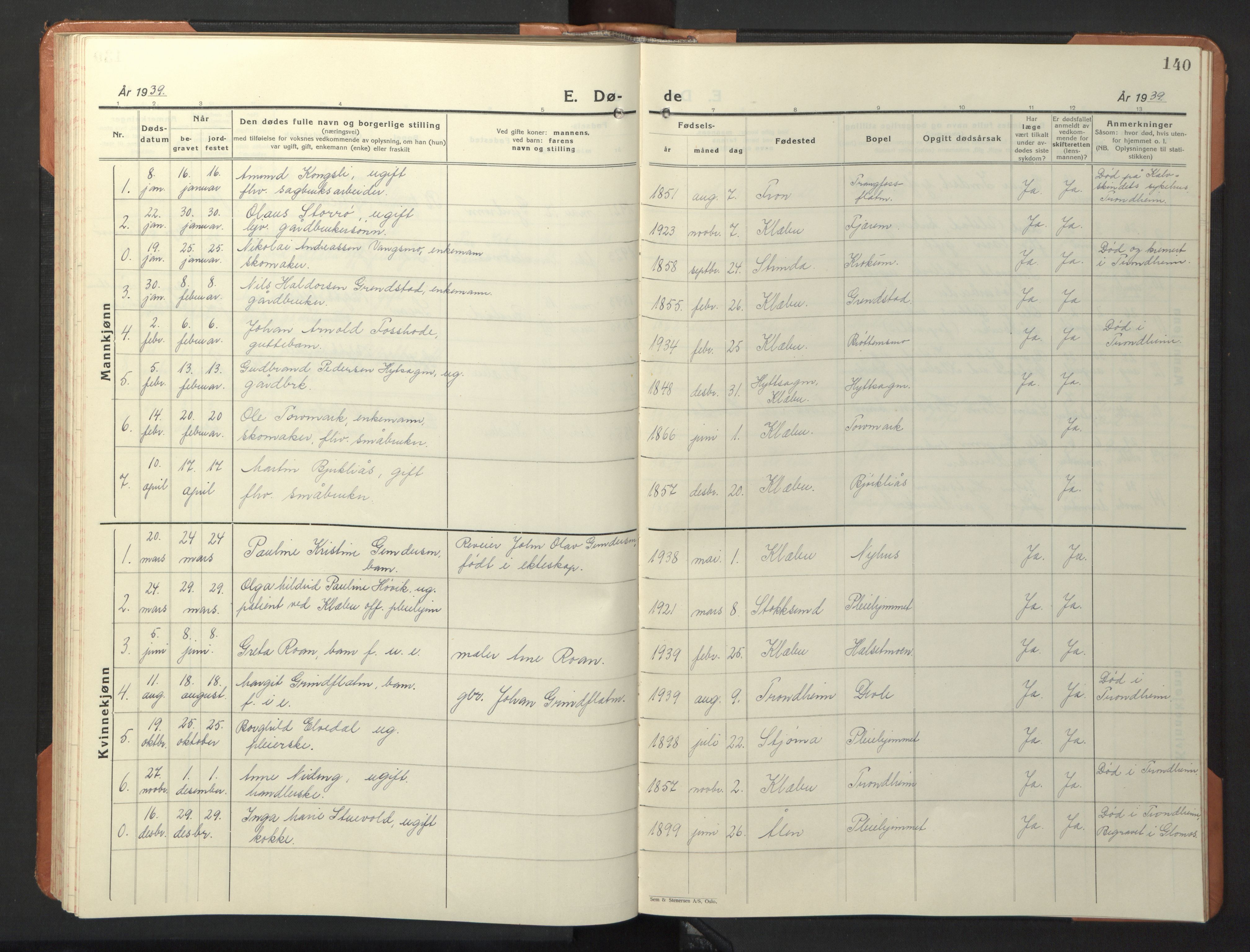 Ministerialprotokoller, klokkerbøker og fødselsregistre - Sør-Trøndelag, SAT/A-1456/618/L0454: Klokkerbok nr. 618C05, 1926-1946, s. 140