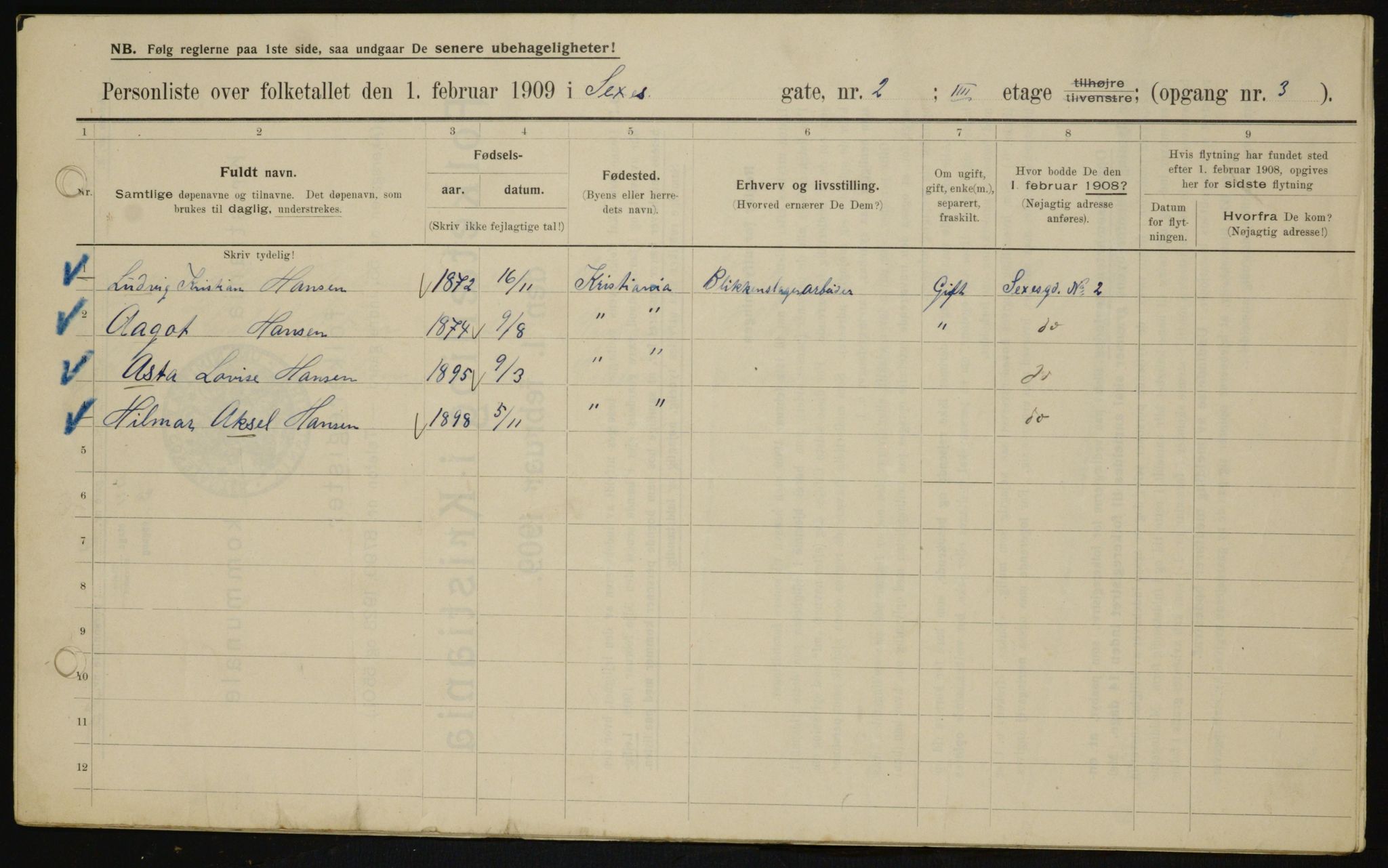 OBA, Kommunal folketelling 1.2.1909 for Kristiania kjøpstad, 1909, s. 85884