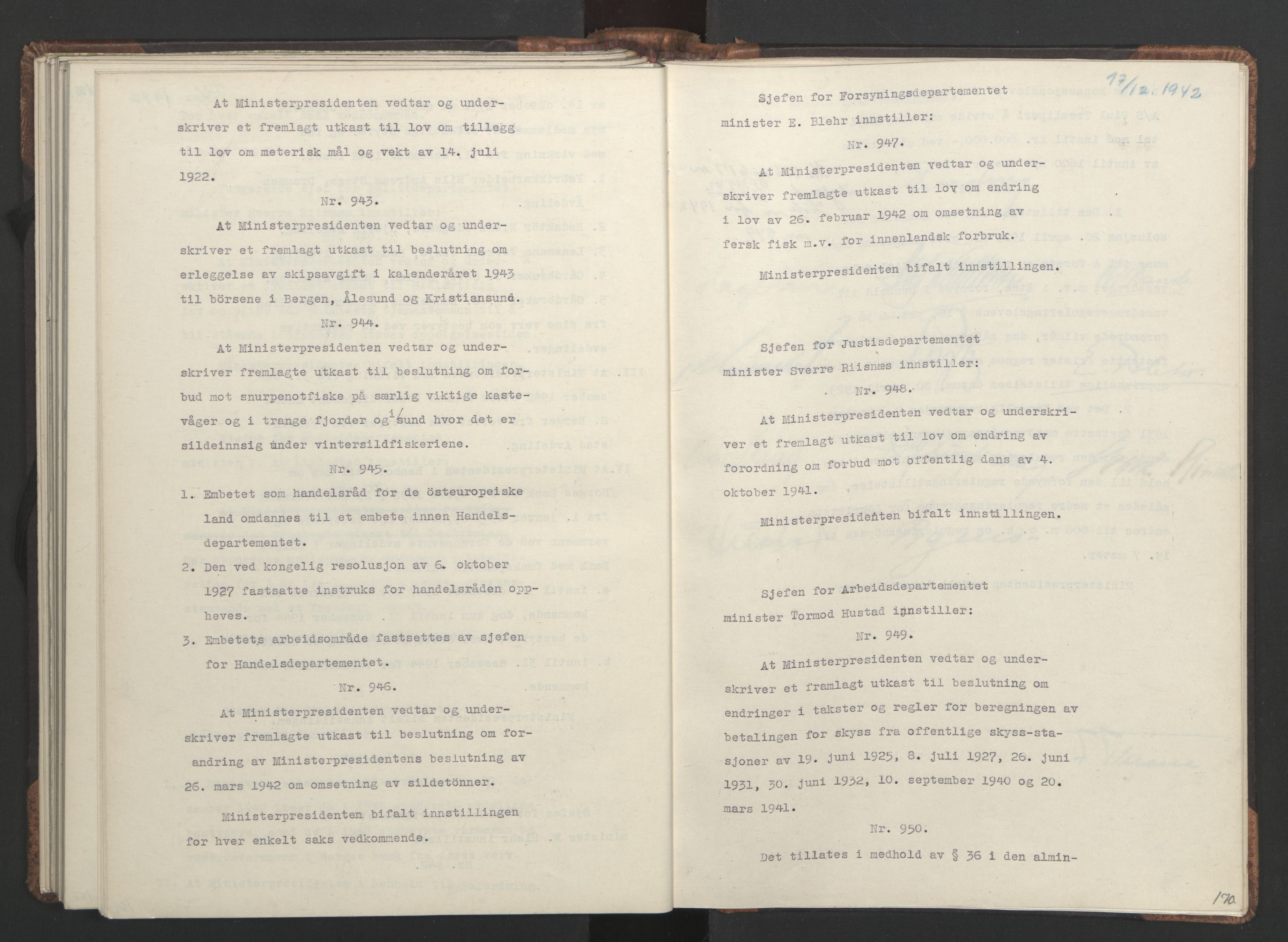NS-administrasjonen 1940-1945 (Statsrådsekretariatet, de kommisariske statsråder mm), RA/S-4279/D/Da/L0001: Beslutninger og tillegg (1-952 og 1-32), 1942, s. 173