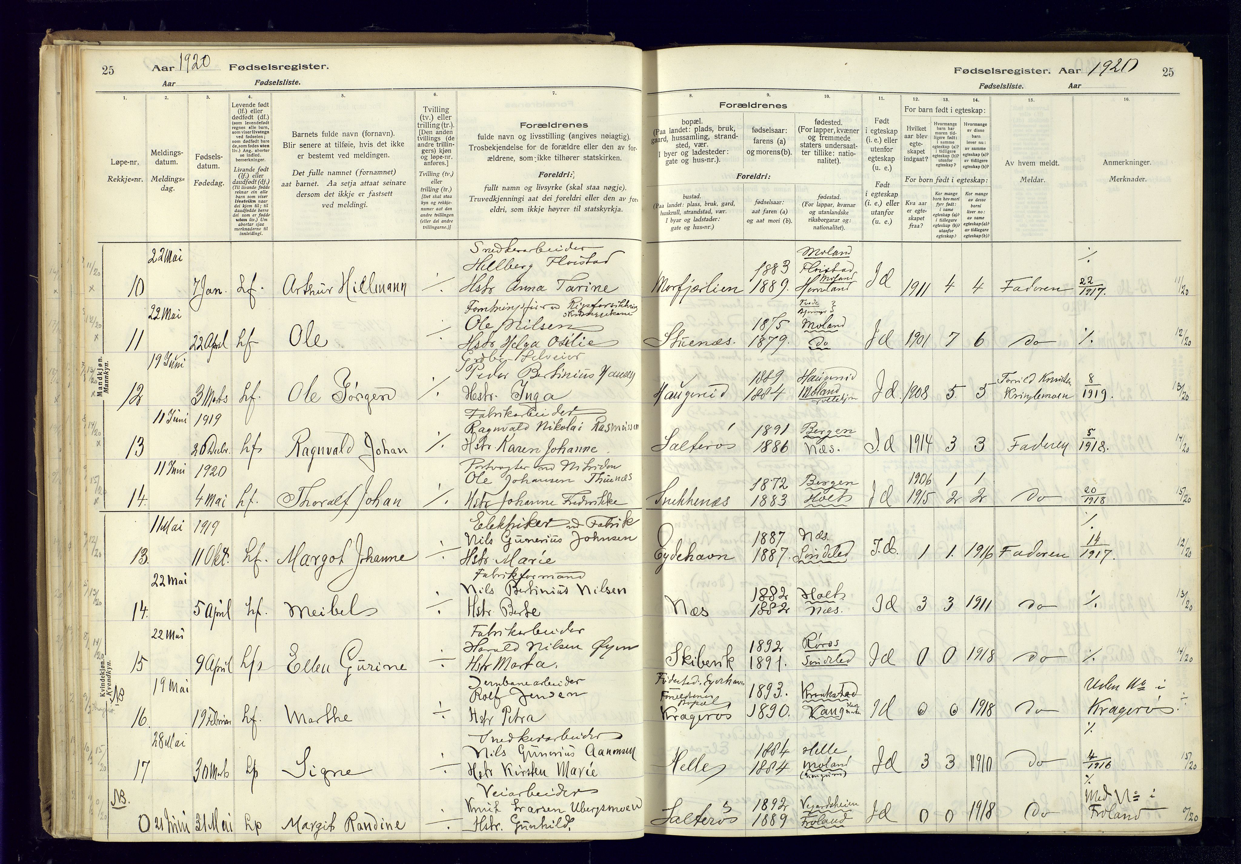 Austre Moland sokneprestkontor, SAK/1111-0001/J/Ja/L0003: Fødselsregister nr. A-VI-27, 1916-1950, s. 25