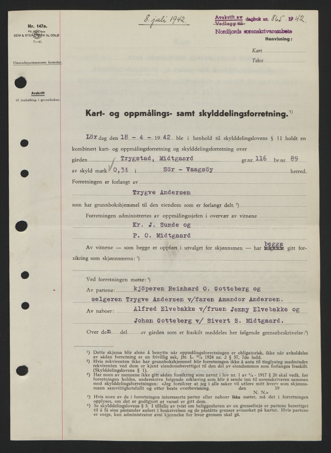Nordfjord sorenskriveri, SAB/A-2801/02/02b/02bj/L0007: Pantebok nr. A7, 1941-1943, Dagboknr: 865/1942