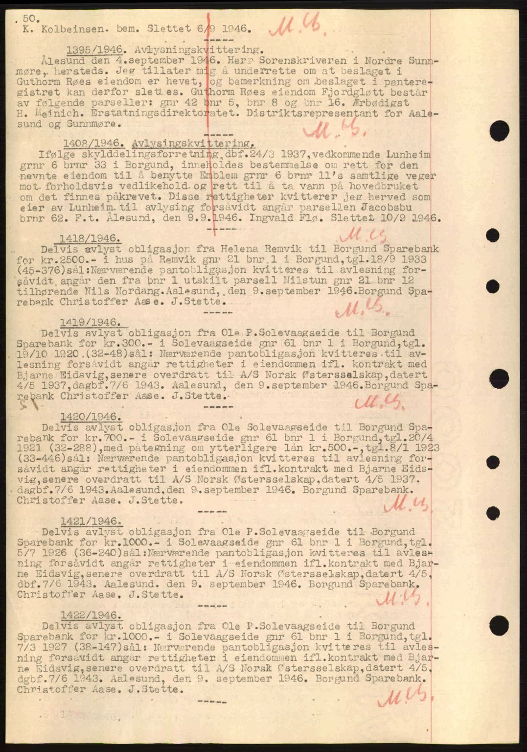 Nordre Sunnmøre sorenskriveri, SAT/A-0006/1/2/2C/2Ca: Pantebok nr. B6-14 a, 1942-1945, Dagboknr: 1395/1946