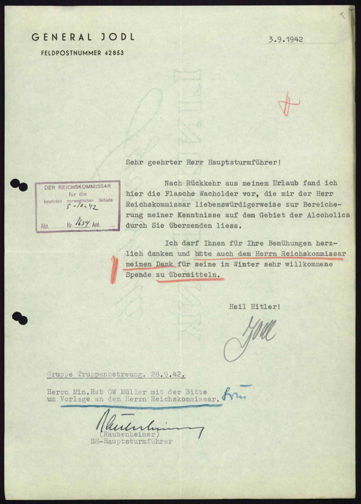 Forsvarets Overkommando. 2 kontor. Arkiv 11.4. Spredte tyske arkivsaker, RA/RAFA-7031/D/Dar/Darb/L0010: Reichskommissariat., 1940-1943, s. 653