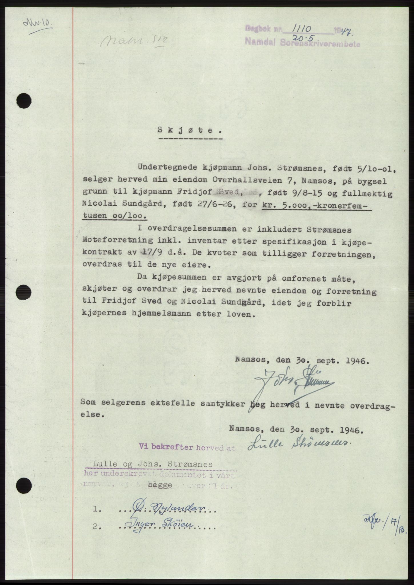 Namdal sorenskriveri, SAT/A-4133/1/2/2C: Pantebok nr. -, 1947-1947, Dagboknr: 1110/1947